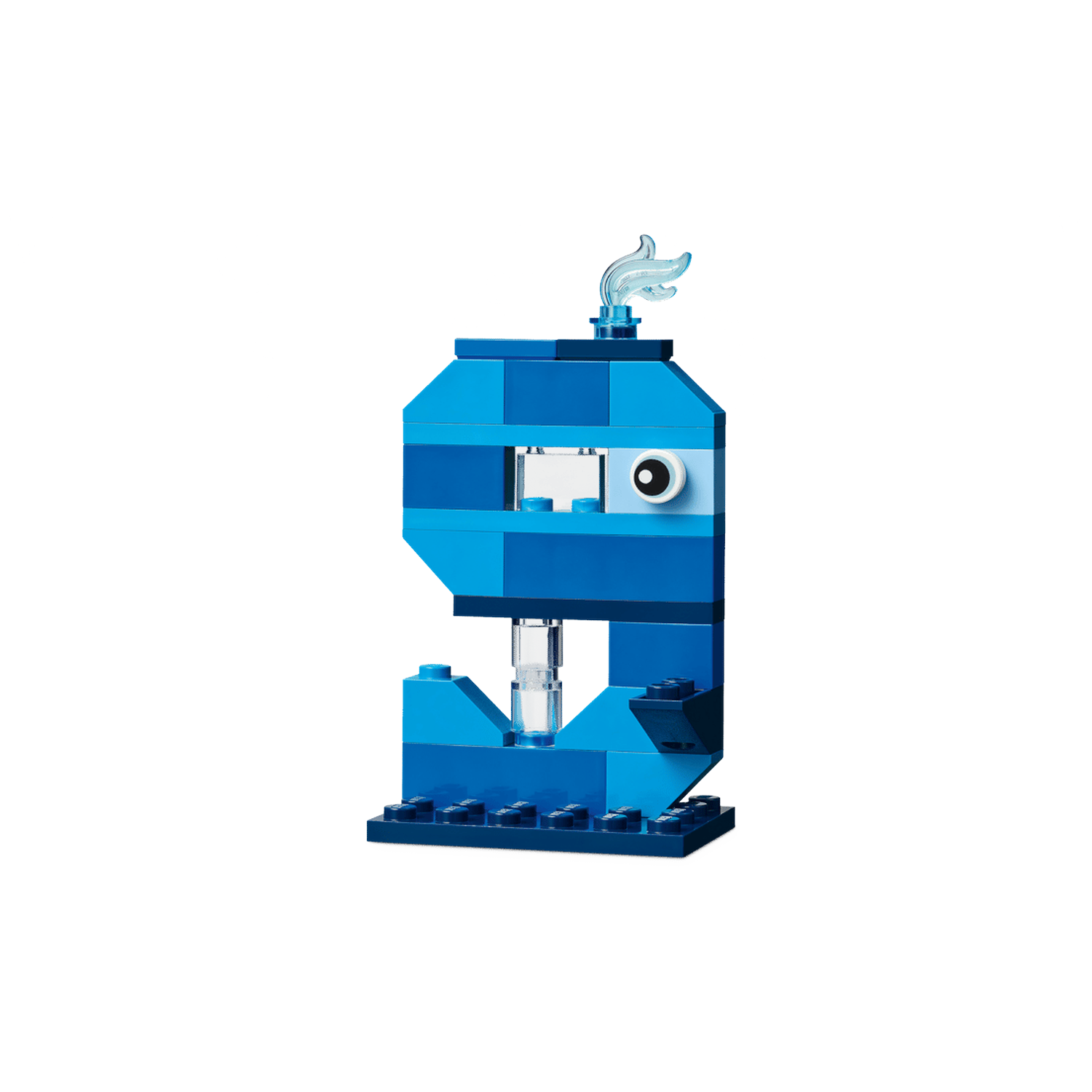 Een blauwe Lego-robot met één oog en een vlam op zijn hoofd.