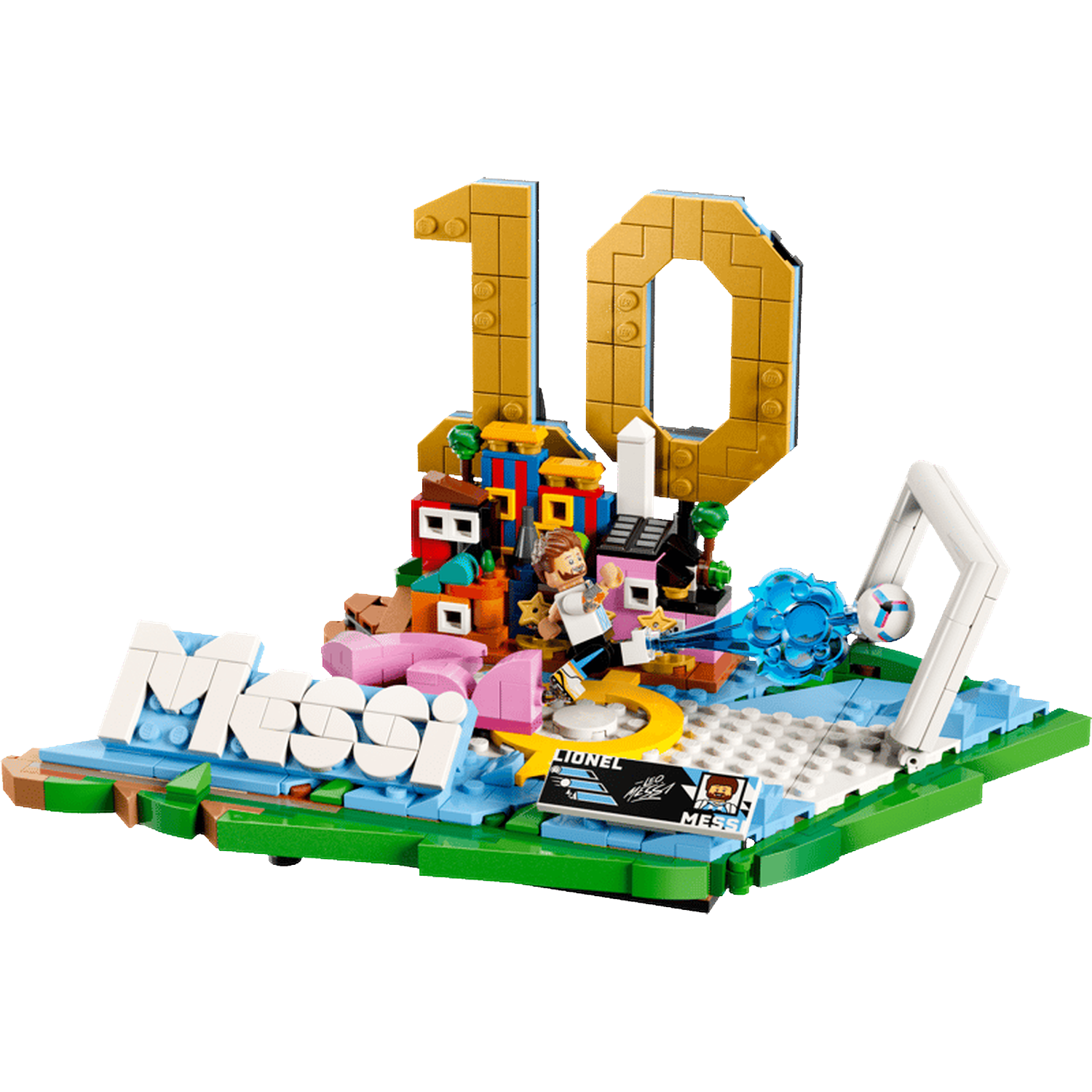 Lego diorama of Messi with the number 10, houses, and a soccer goal.