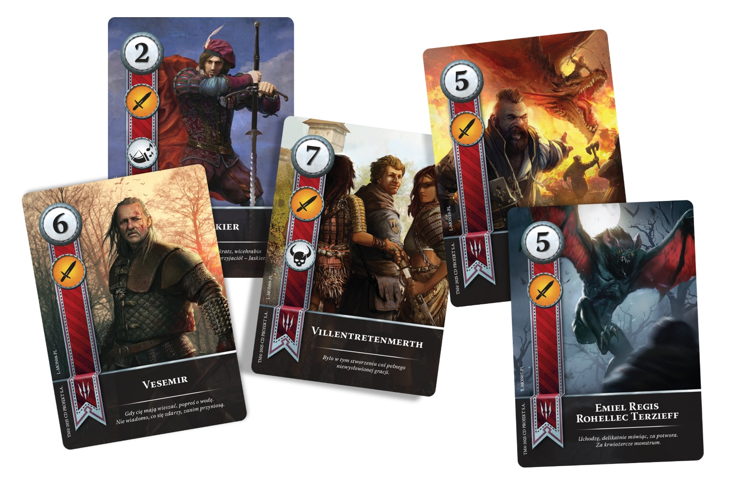 Pięć kart do gry z postaciami fantasy i potworami, niektóre z cyframi i symbolami.