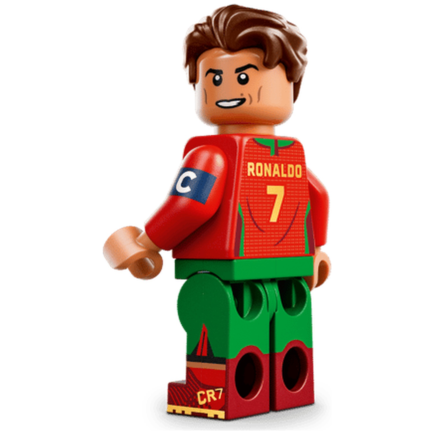 Lego football figure in red jersey with number 7, green shorts.