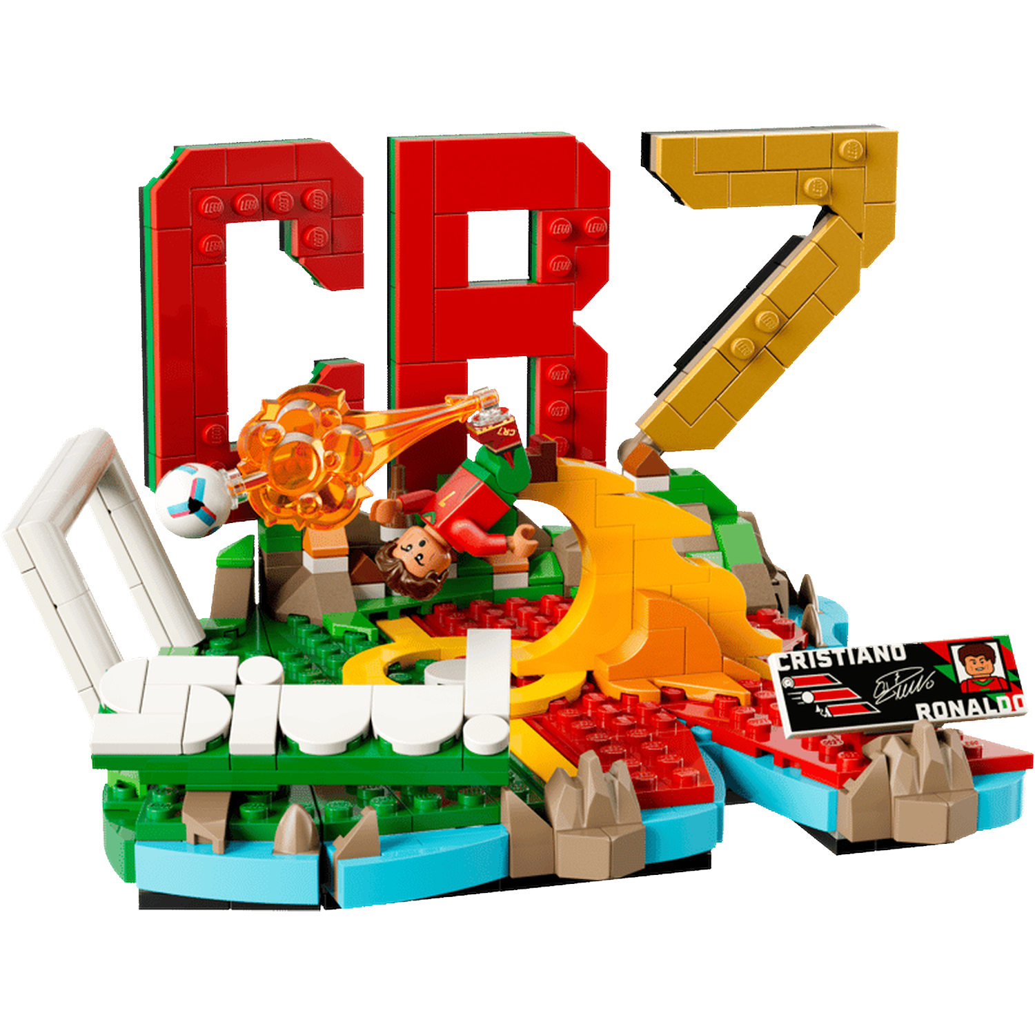 LEGO build: CR7 logo, footballer, goal, and "SIUU!" text on green base.