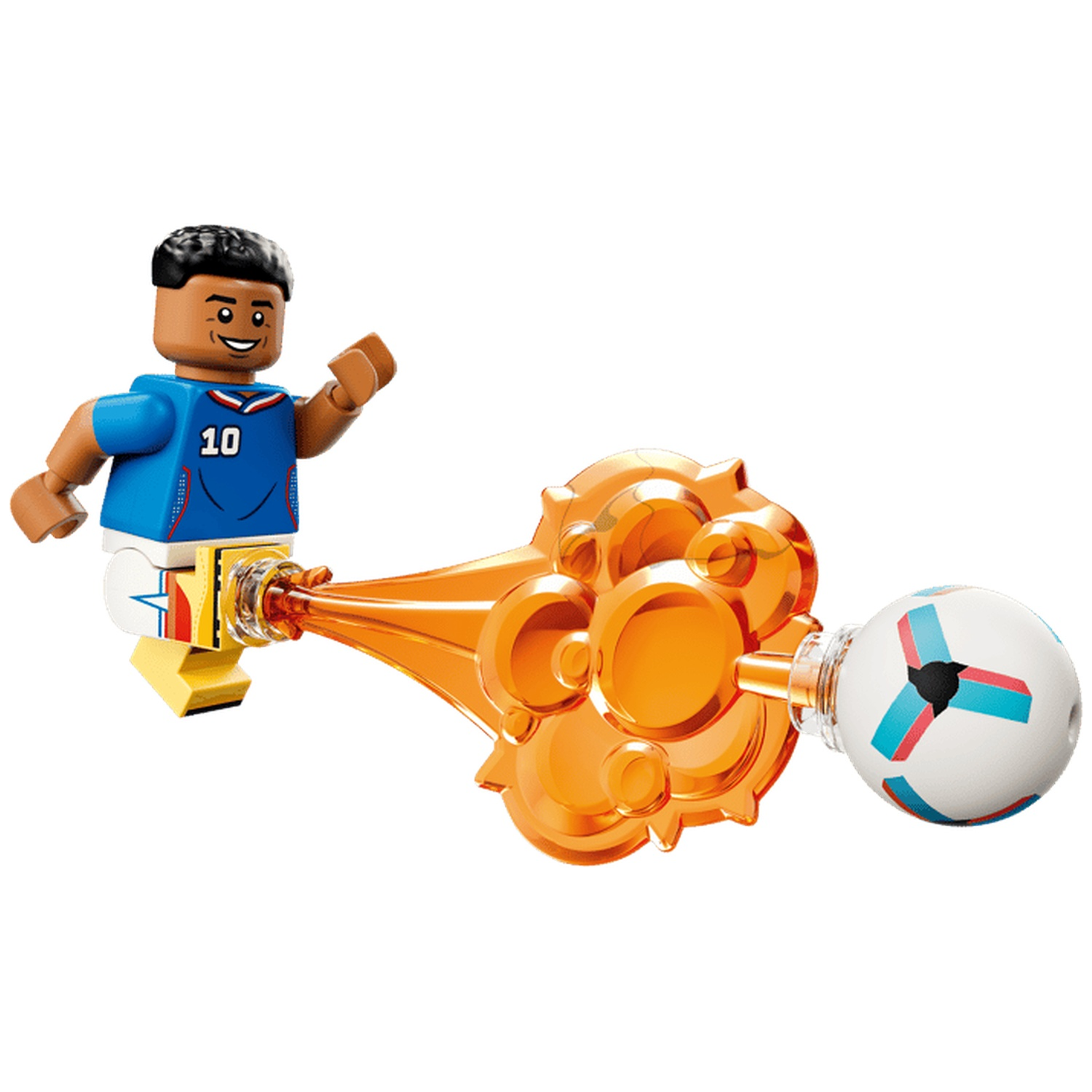 A Lego soccer player in a blue jersey kicks a ball with an orange force field.