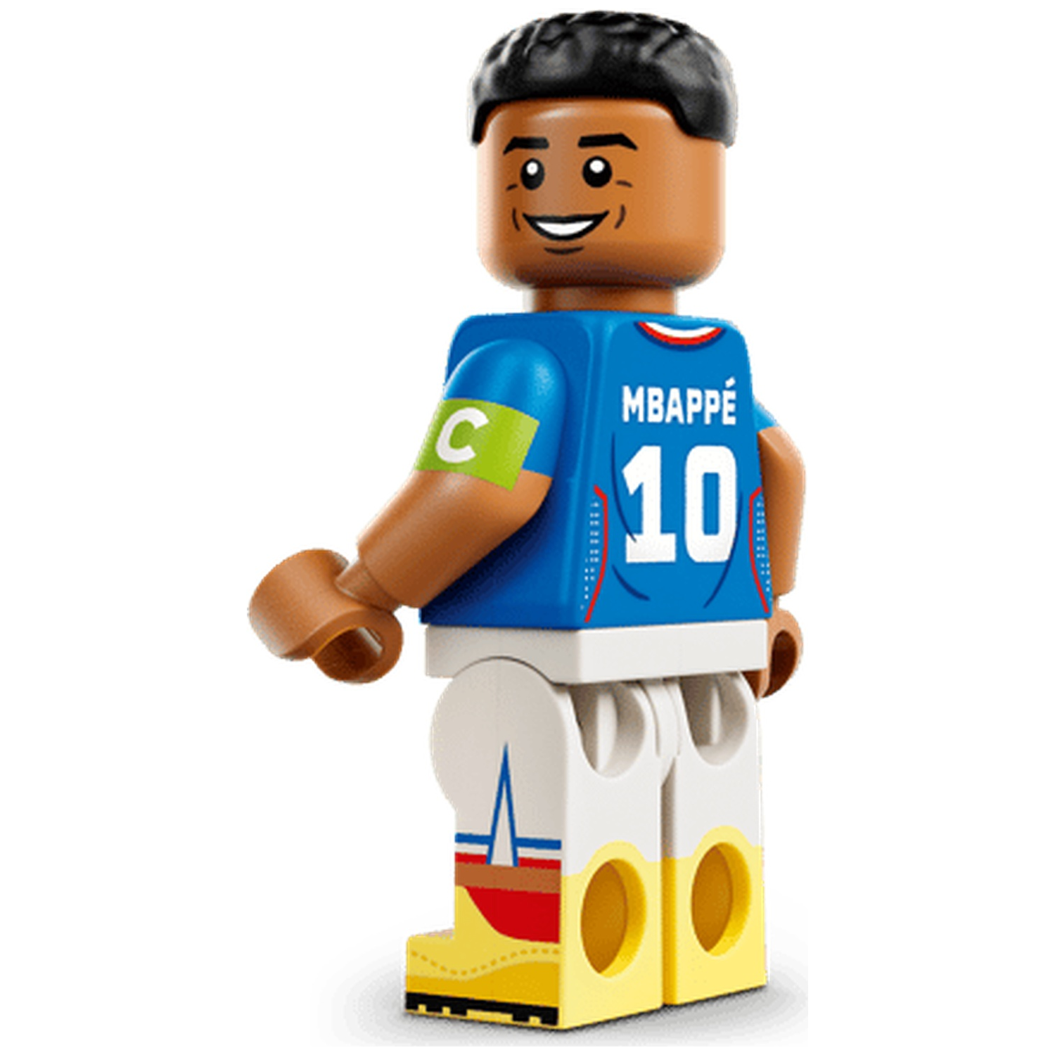Lego figure of a soccer player in a blue jersey with "MBAPPÉ 10" and captain's armband.
