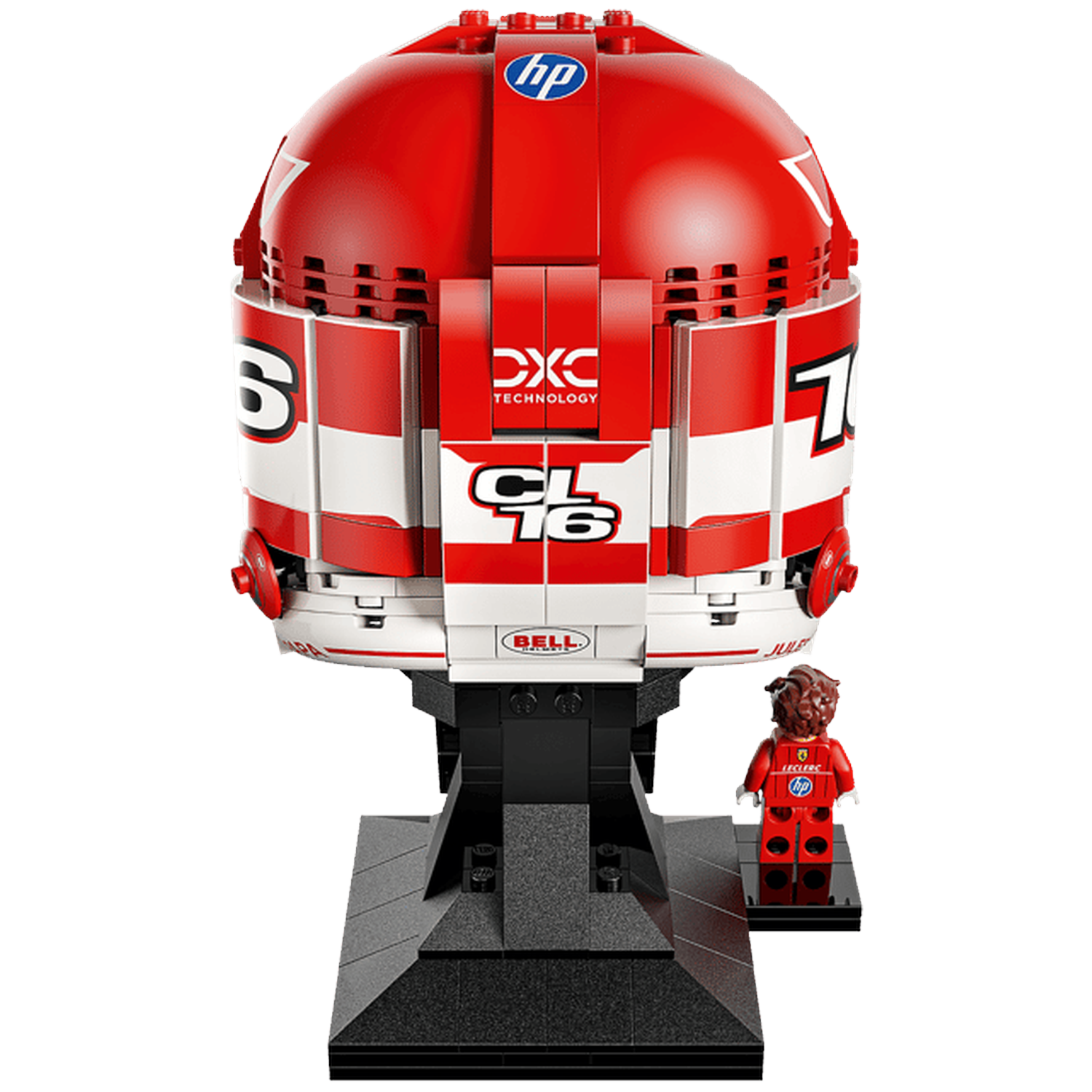 Een rode en witte Lego helm met 'HP' en 'CL 76' logo's, en een Lego figuur.