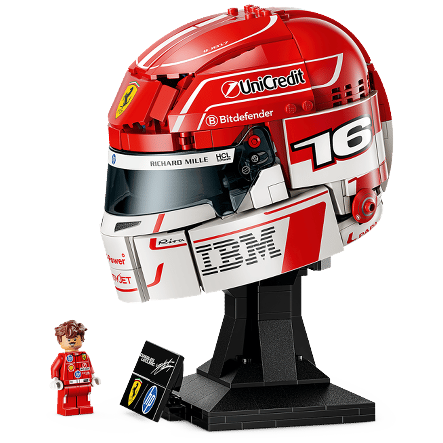 Een rode Lego helm met startnummer 76 en een Lego minifiguur.