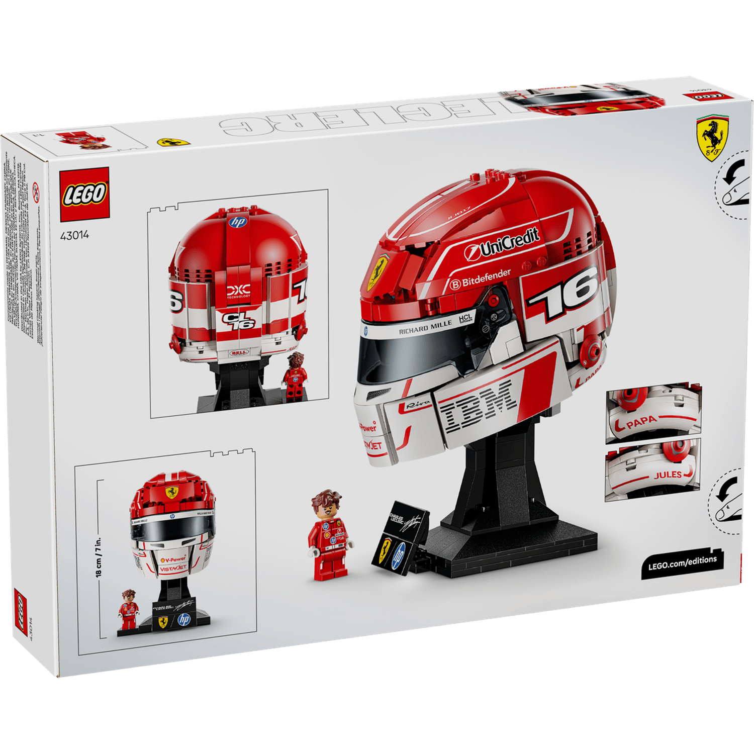 LEGO Ferrari helm bouwpakket met minifiguren en standaard op witte verpakking.
