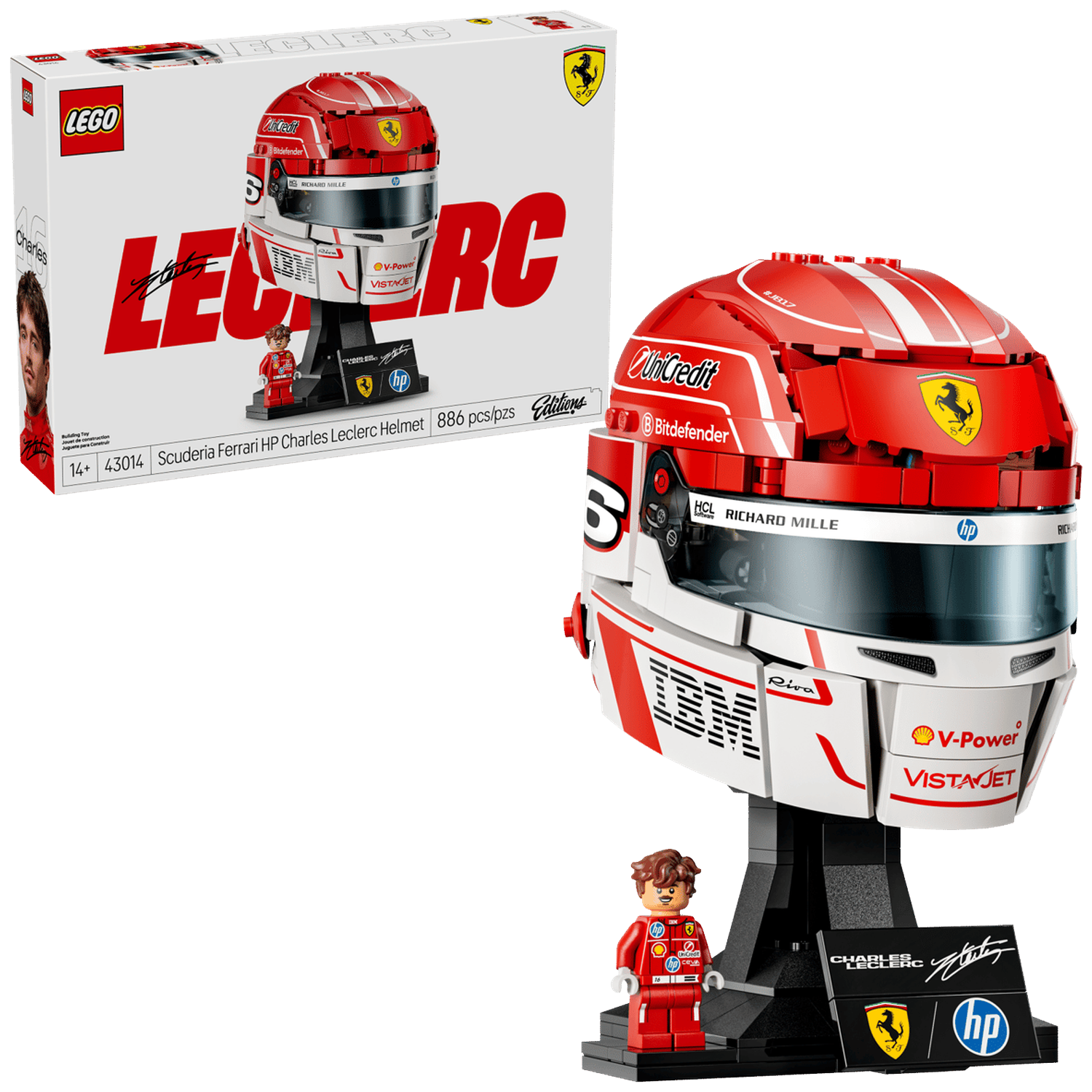 LEGO-model van Charles Leclerc's Ferrari-helm met minifiguur en doos.