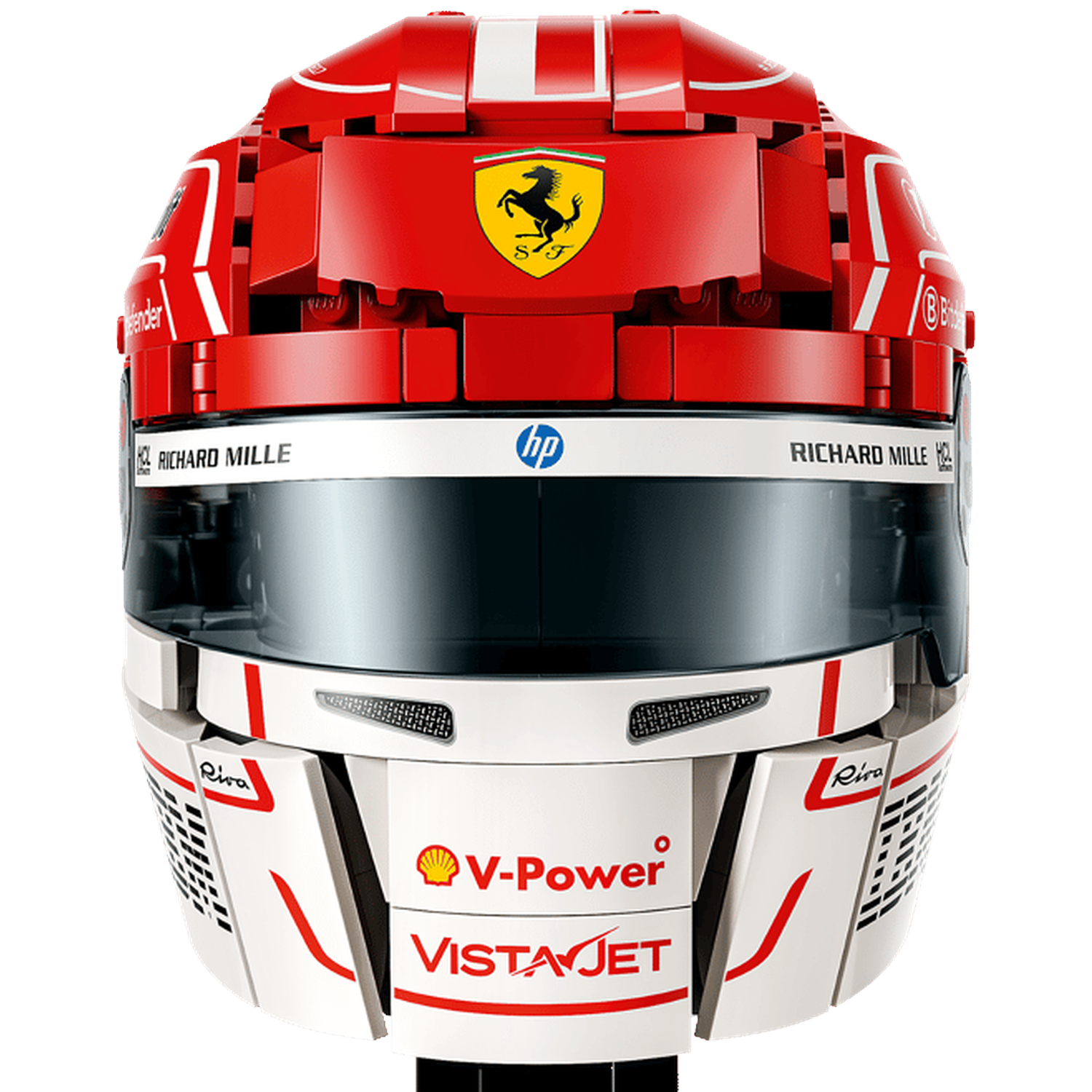 Een rode en witte Lego Formule 1 helm met sponsorlogo's.