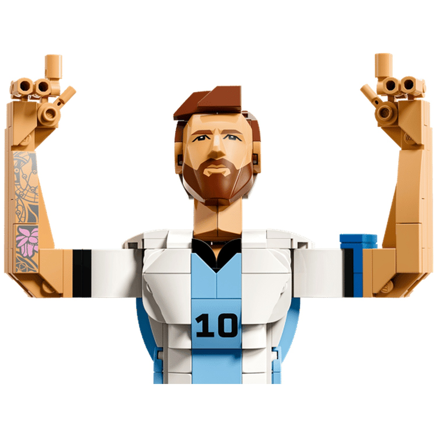 Lego figure with brown hair and beard, wearing jersey #10, arms raised.