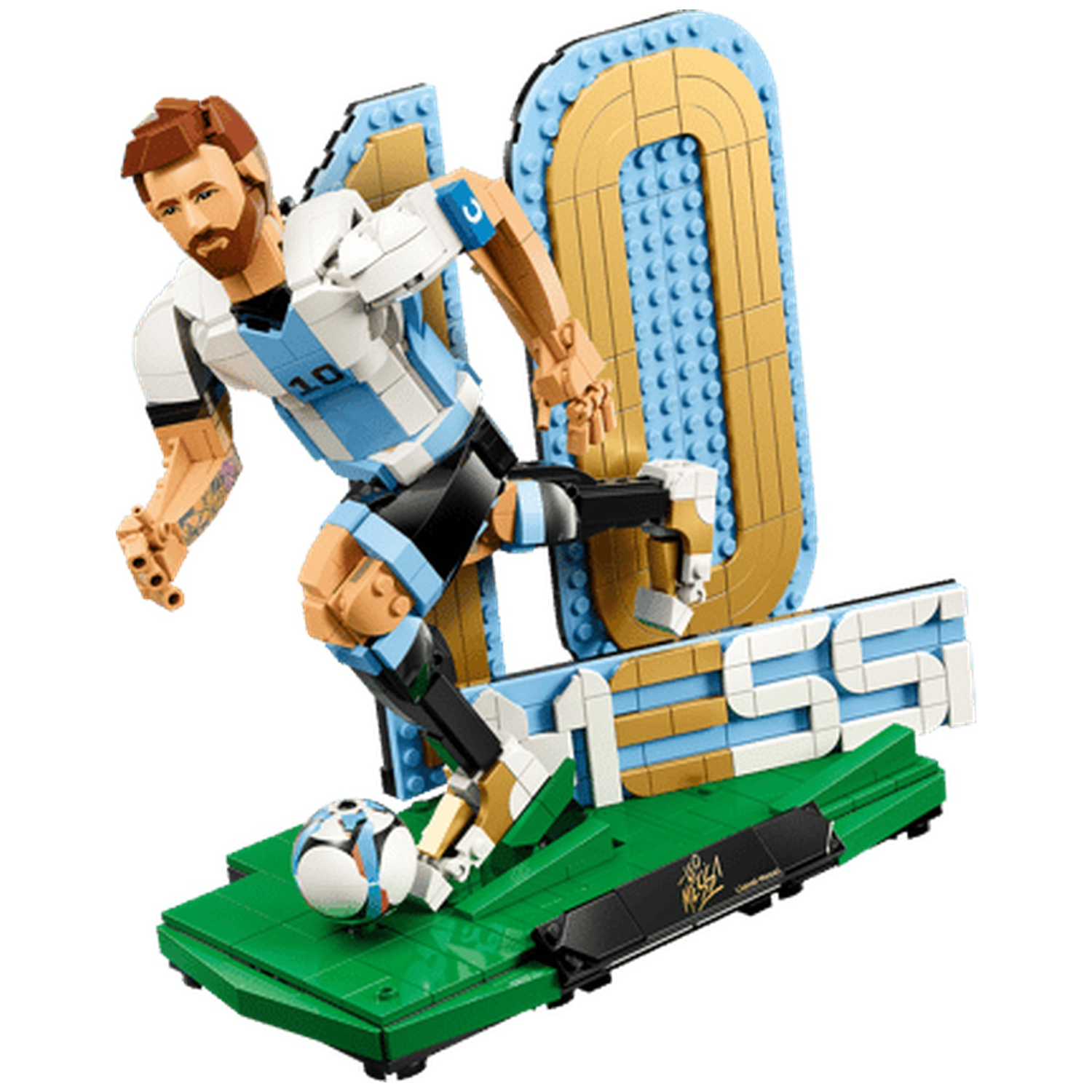 A Lego model of Messi in an Argentina kit with a ball and "10 MESSI" lettering.