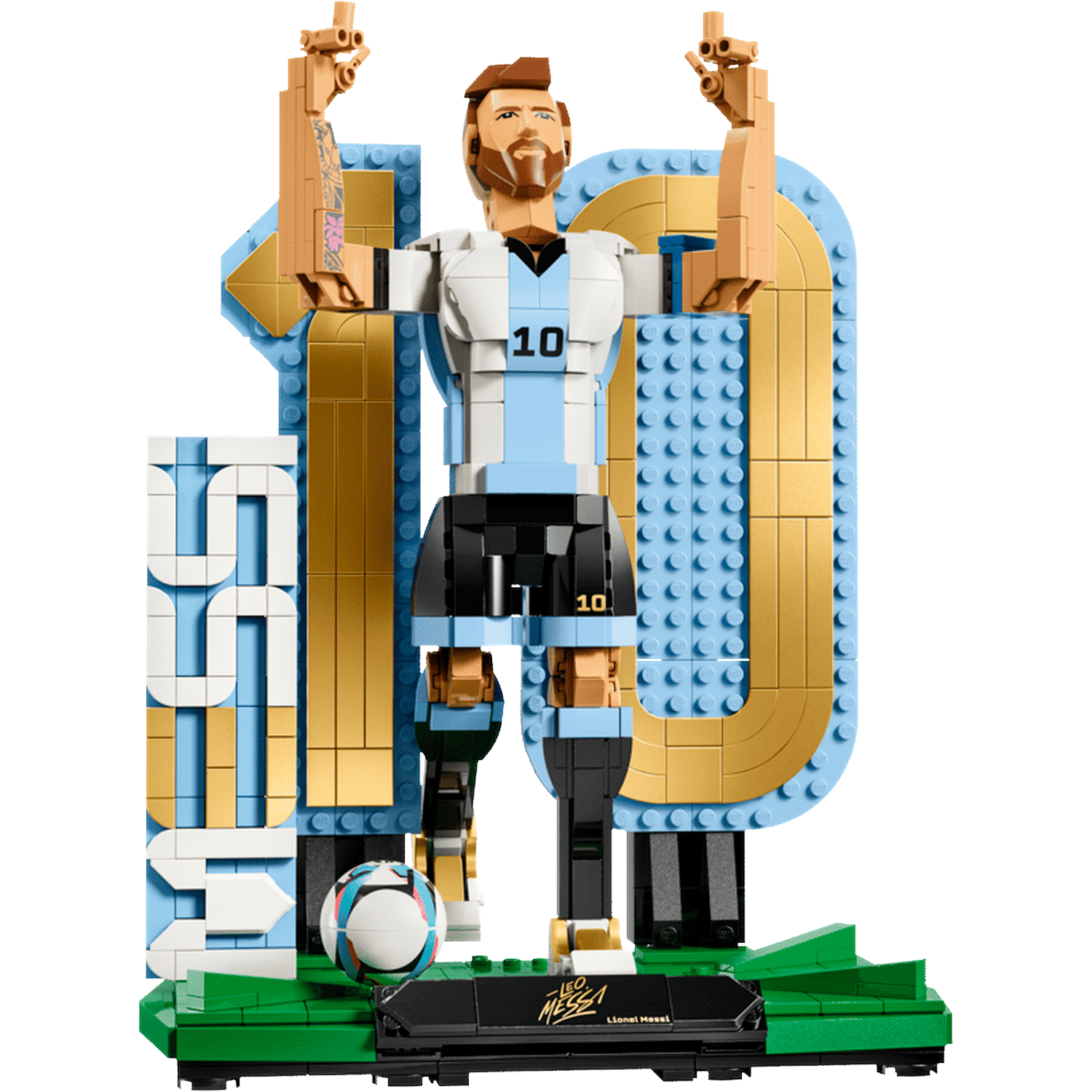 Lego figure of Lionel Messi in #10 jersey with trophy and ball on base.