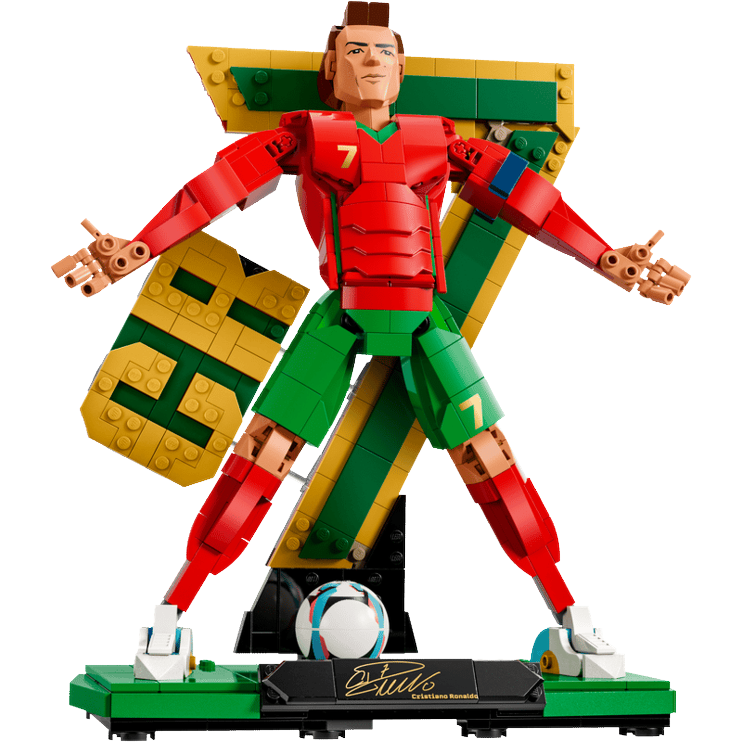 Lego figure of Cristiano Ronaldo in red and green with soccer ball and signature.