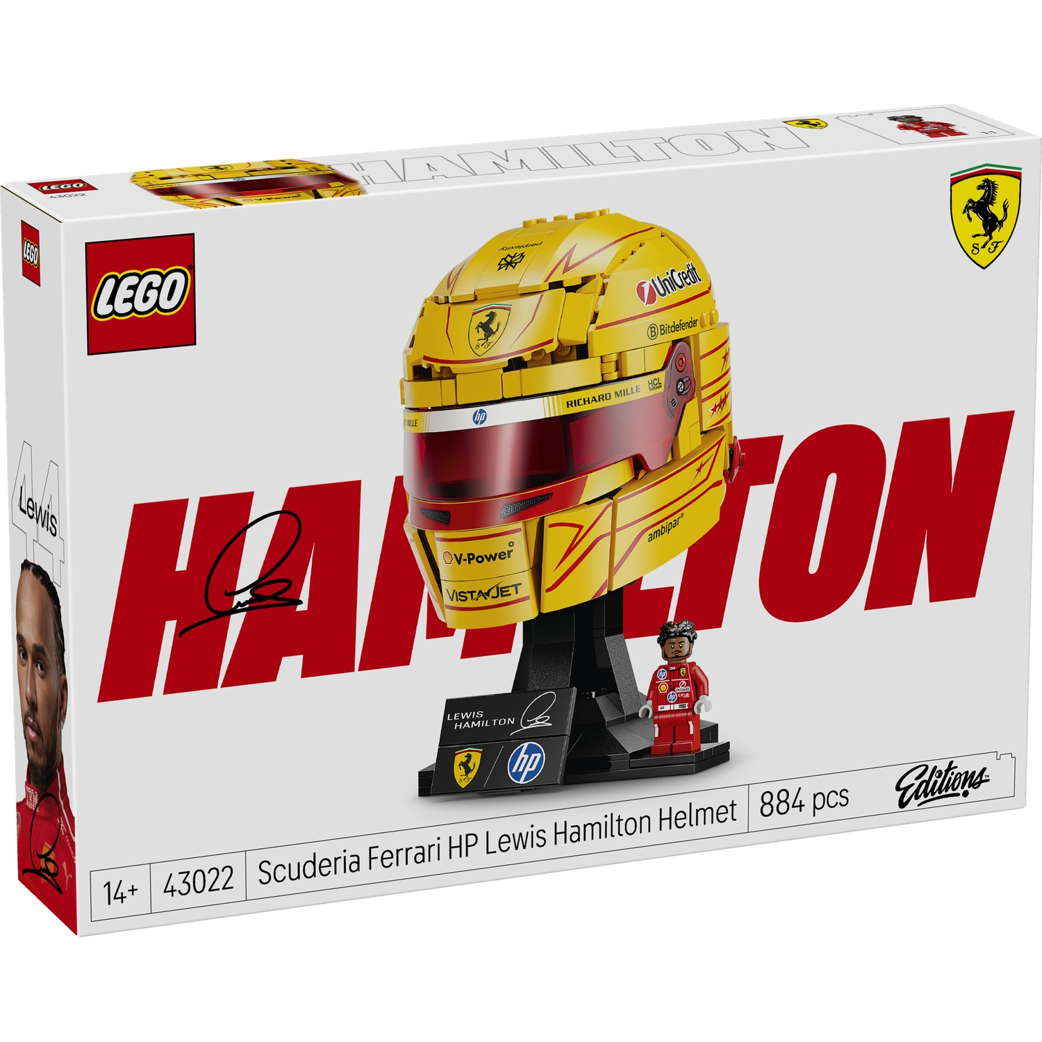 LEGO box featuring a yellow Lewis Hamilton helmet and minifigure.