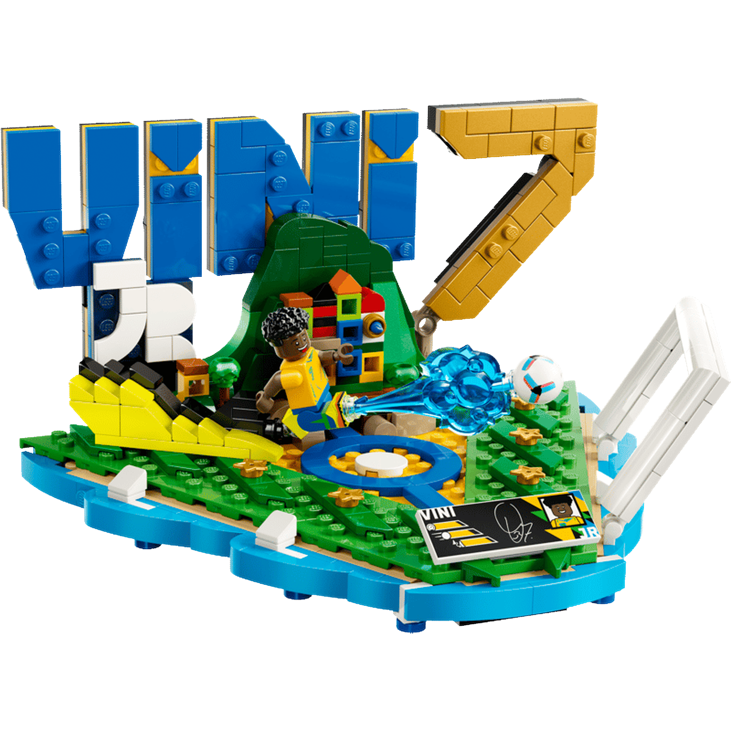 Lego football set with Vini Jr. figure, ball, and goals. Blue and yellow 'VINI 7' letters.