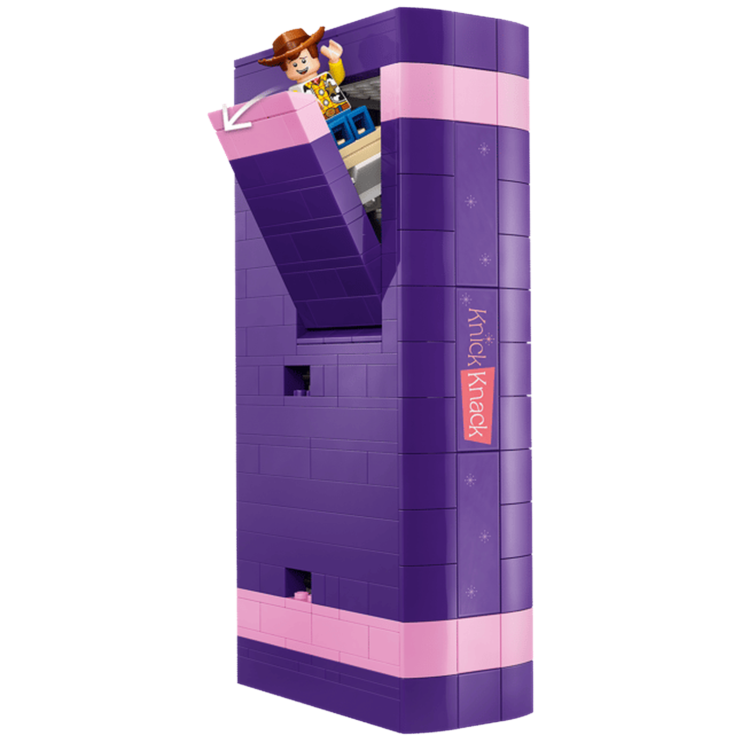 Een Lego-personage met hoed klimt uit een paarse en roze toren.