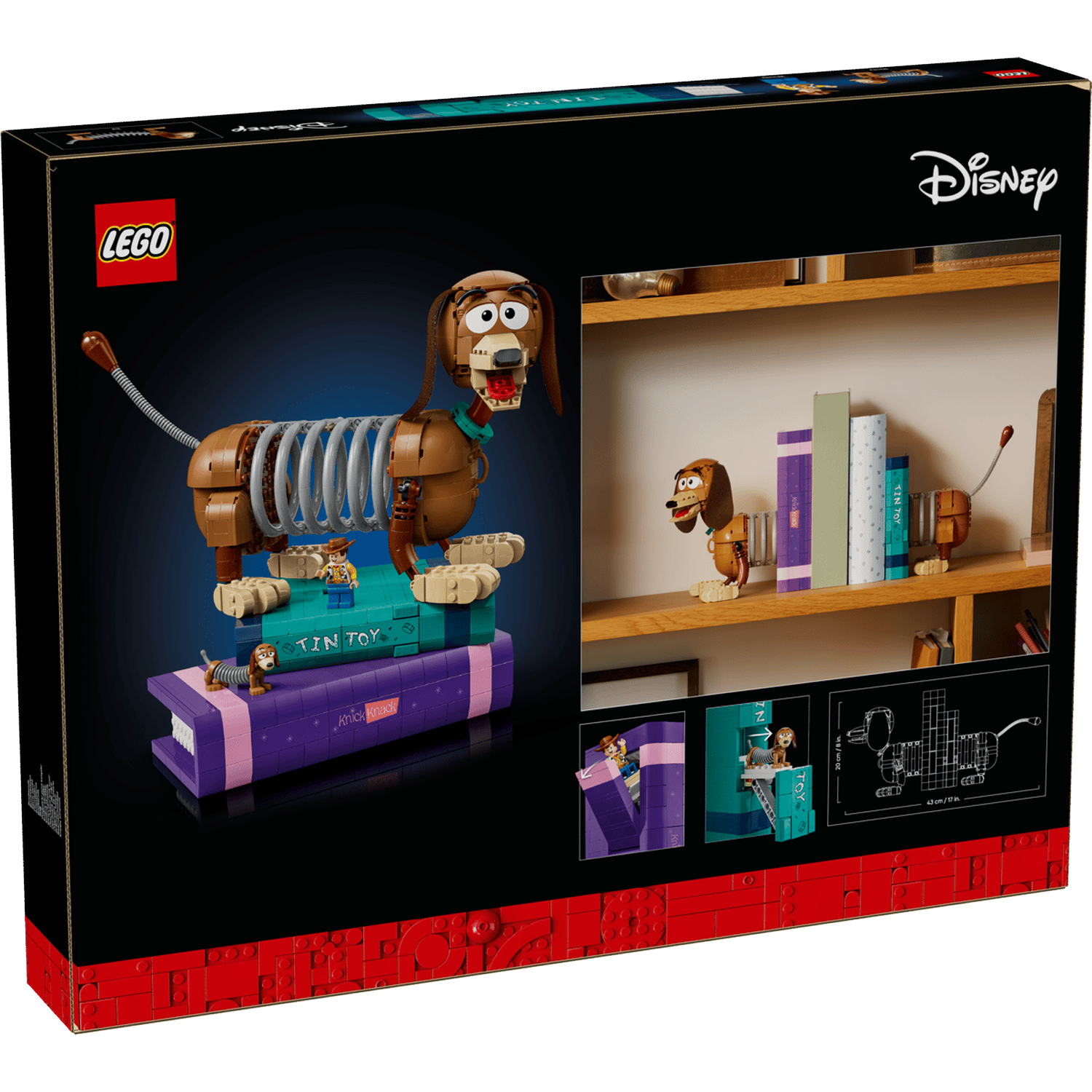 LEGO Slinky Hond op boeken, ernaast plank weergave en technische tekeningen.