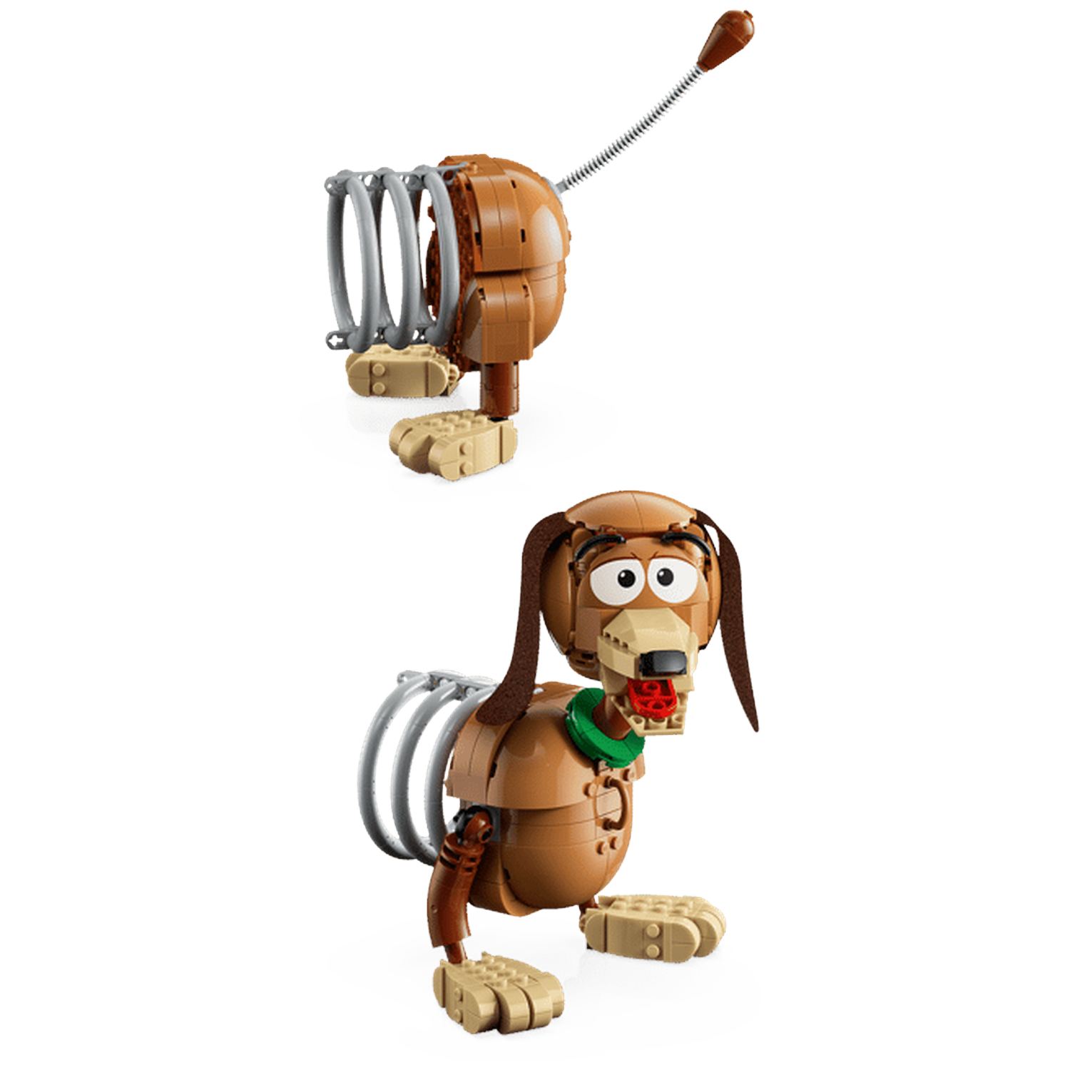 Een bruine Lego-hond met een groene halsband en zilveren spiralen op zijn rug.
