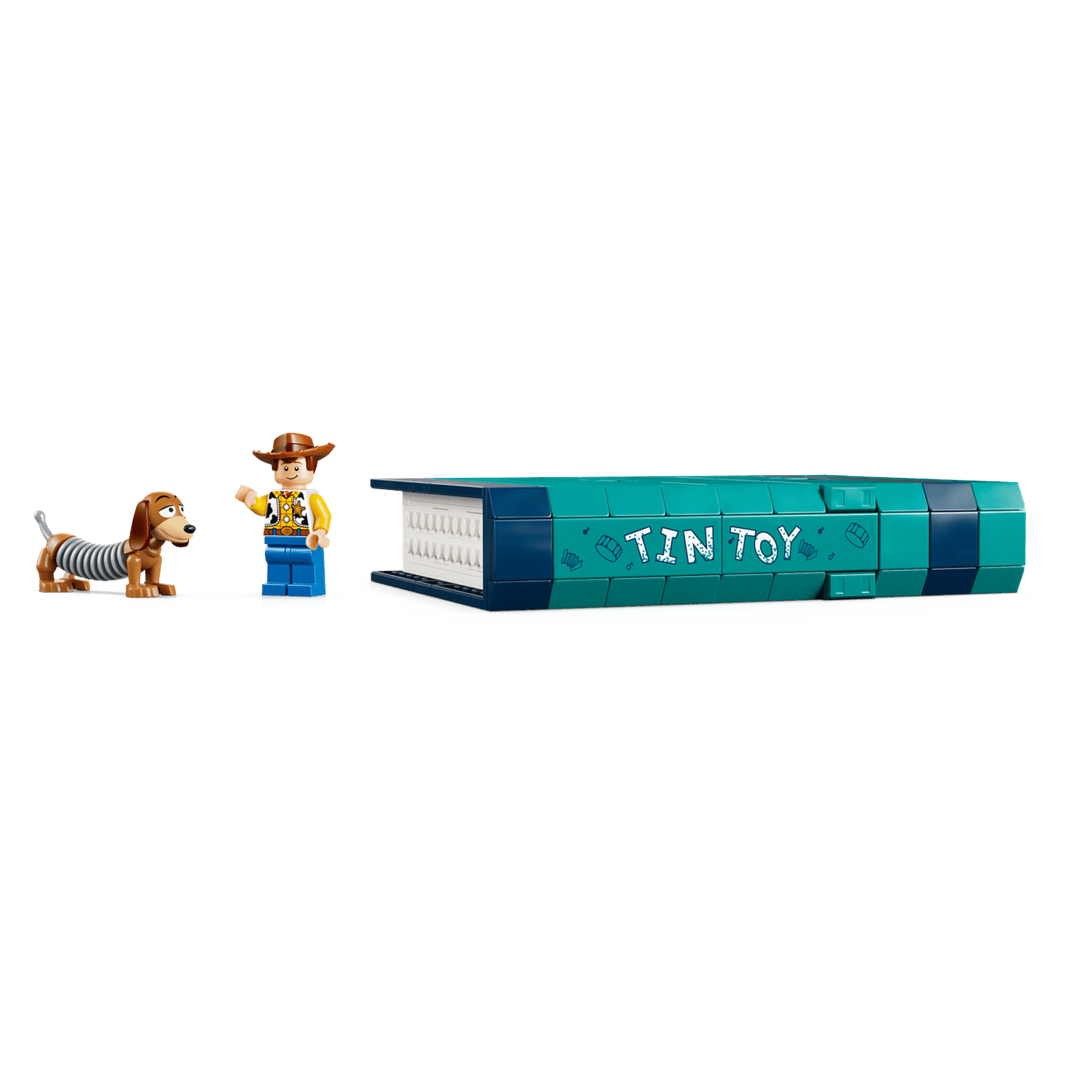 Lego Woody en Slinky Hond naast een groenblauwe speelgoedkist.