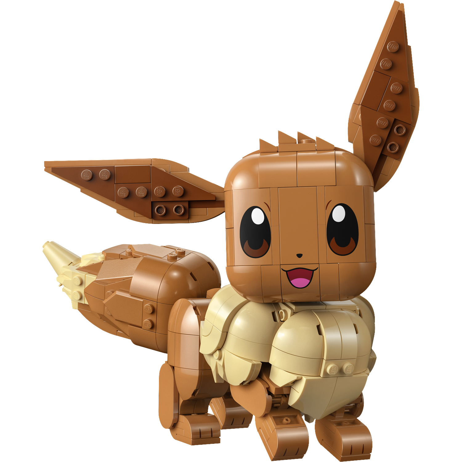 A brown Lego Eevee with tan accents stands against a black background.
