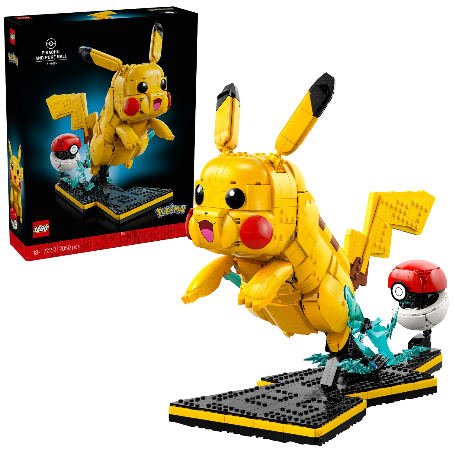 LEGO Pikachu en Poké Ball set op zwarte achtergrond. Pikachu is geel met rode wangen.
