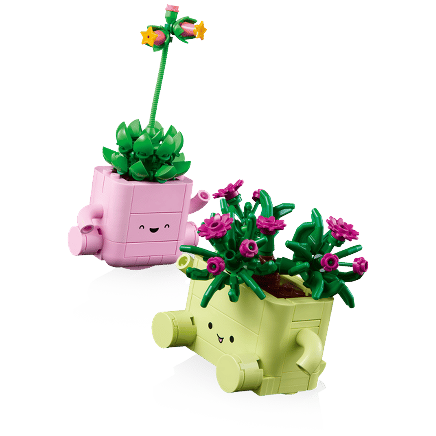 Twee Lego planten in potten met gezichten op zwarte achtergrond.