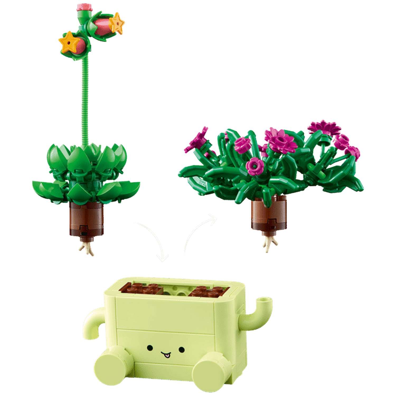 LEGO planten in potten met een lachende potbasis en verbindingspijlen.