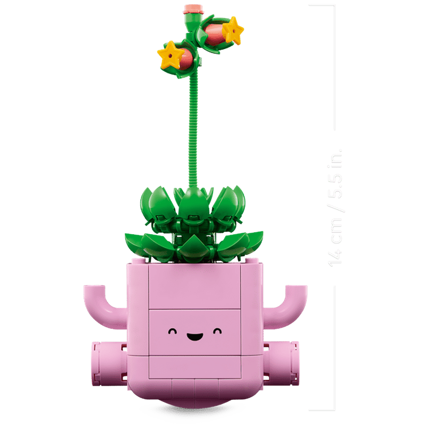 Een roze Lego-figuur met groene bladeren en gele sterbloemen.