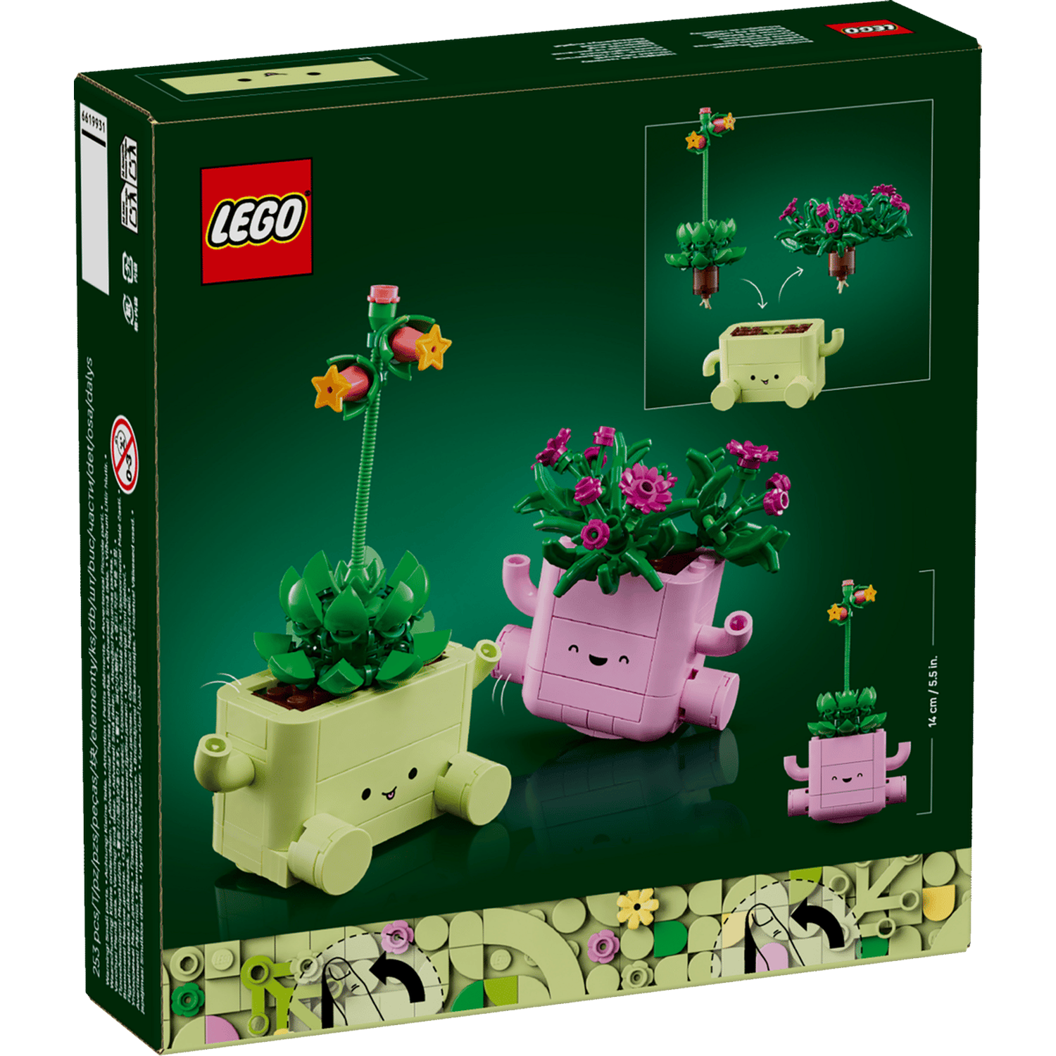 LEGO-doos met twee kleurrijke potplanten met poten en bloemen.
