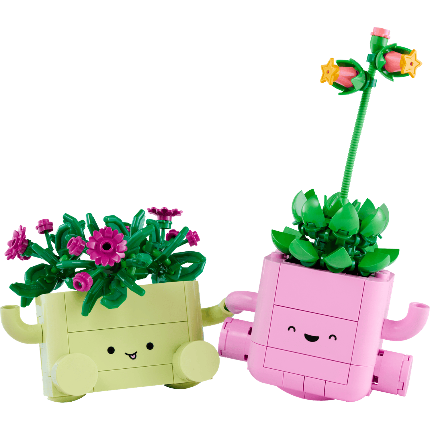 Twee Lego plantenbakken met gezichten. Eén geel, één roze. Beide met Lego planten.