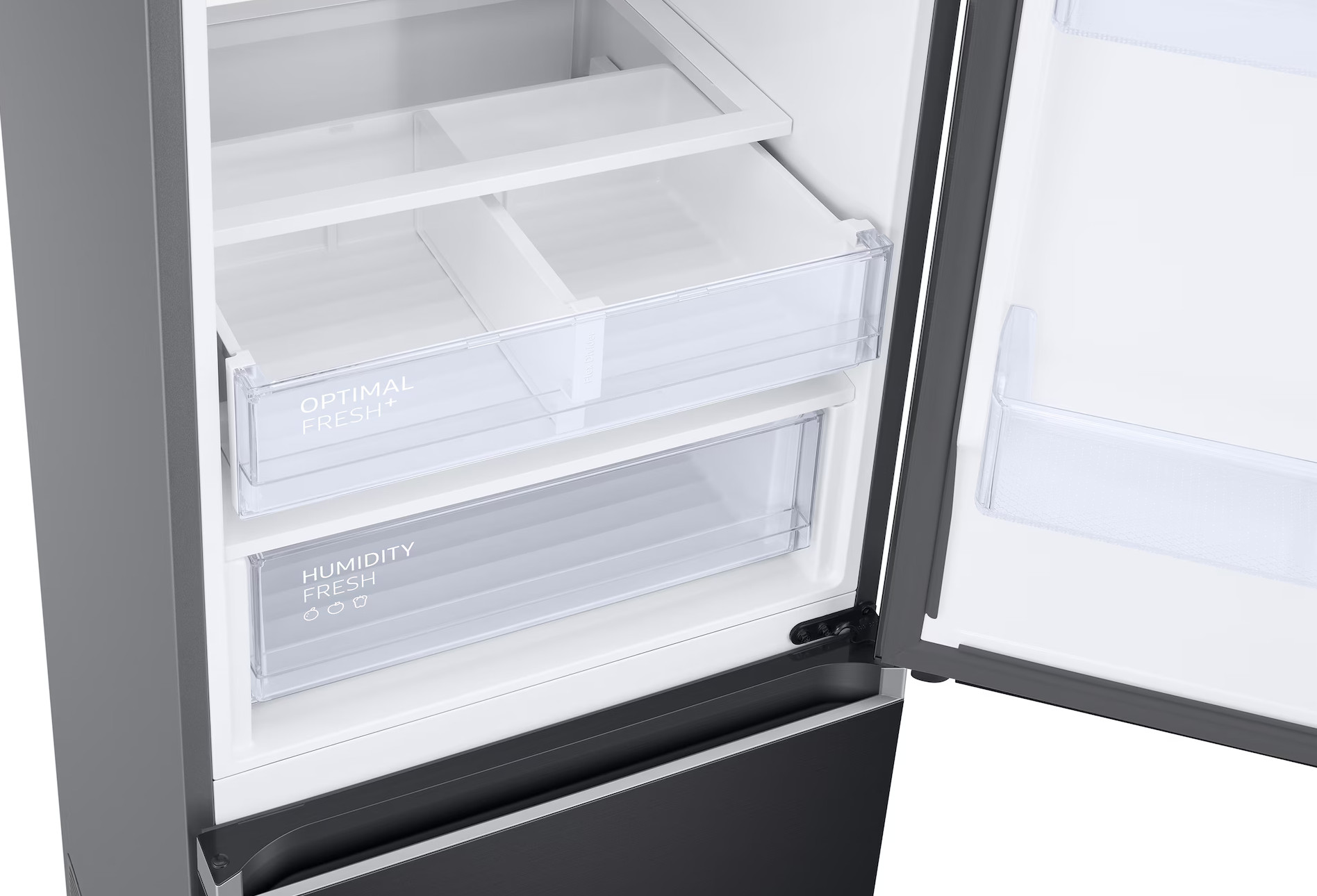 Wnętrze lodówki z dwiema przezroczystymi szufladami. Górna szuflada z napisem „OPTIMAL FRESH+".