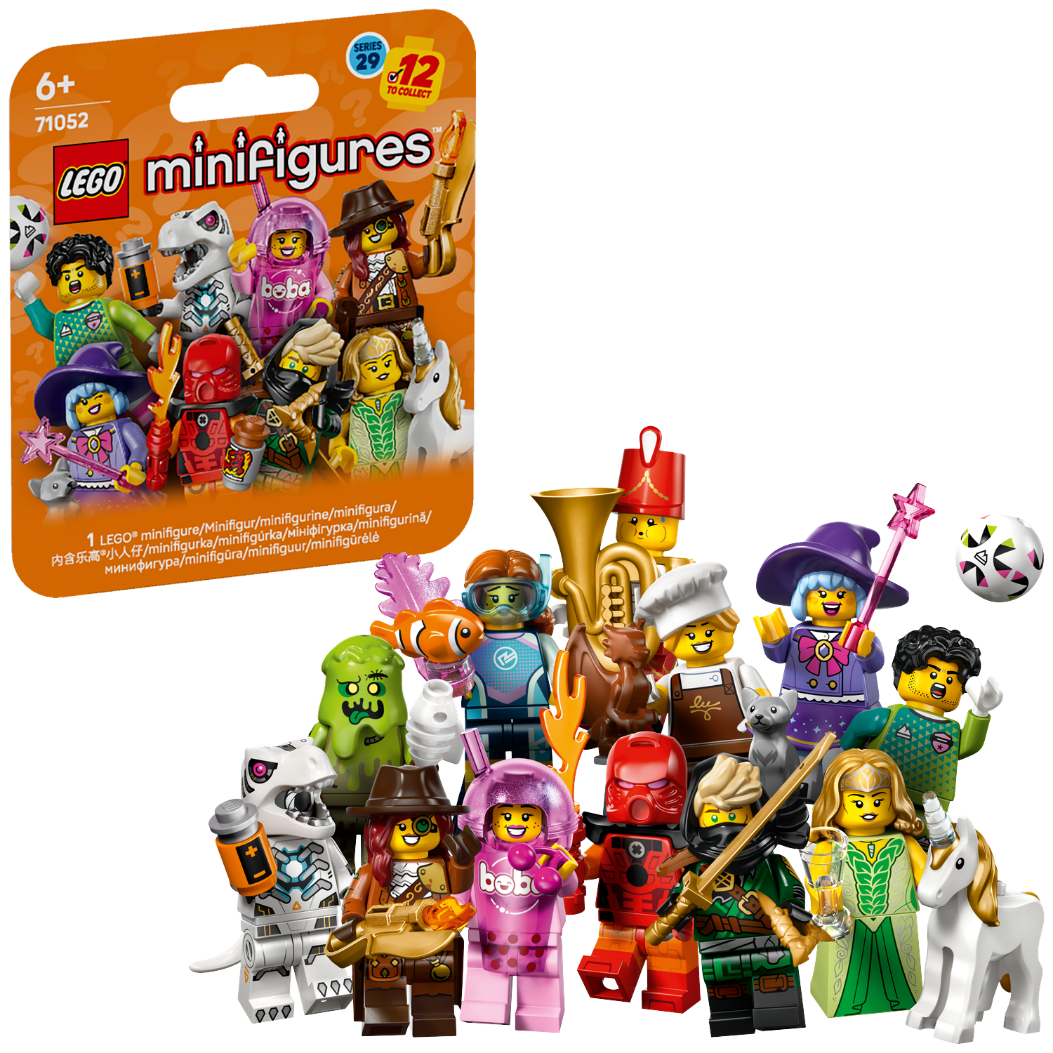 Many LEGO minifigures in various costumes and accessories on a black background.