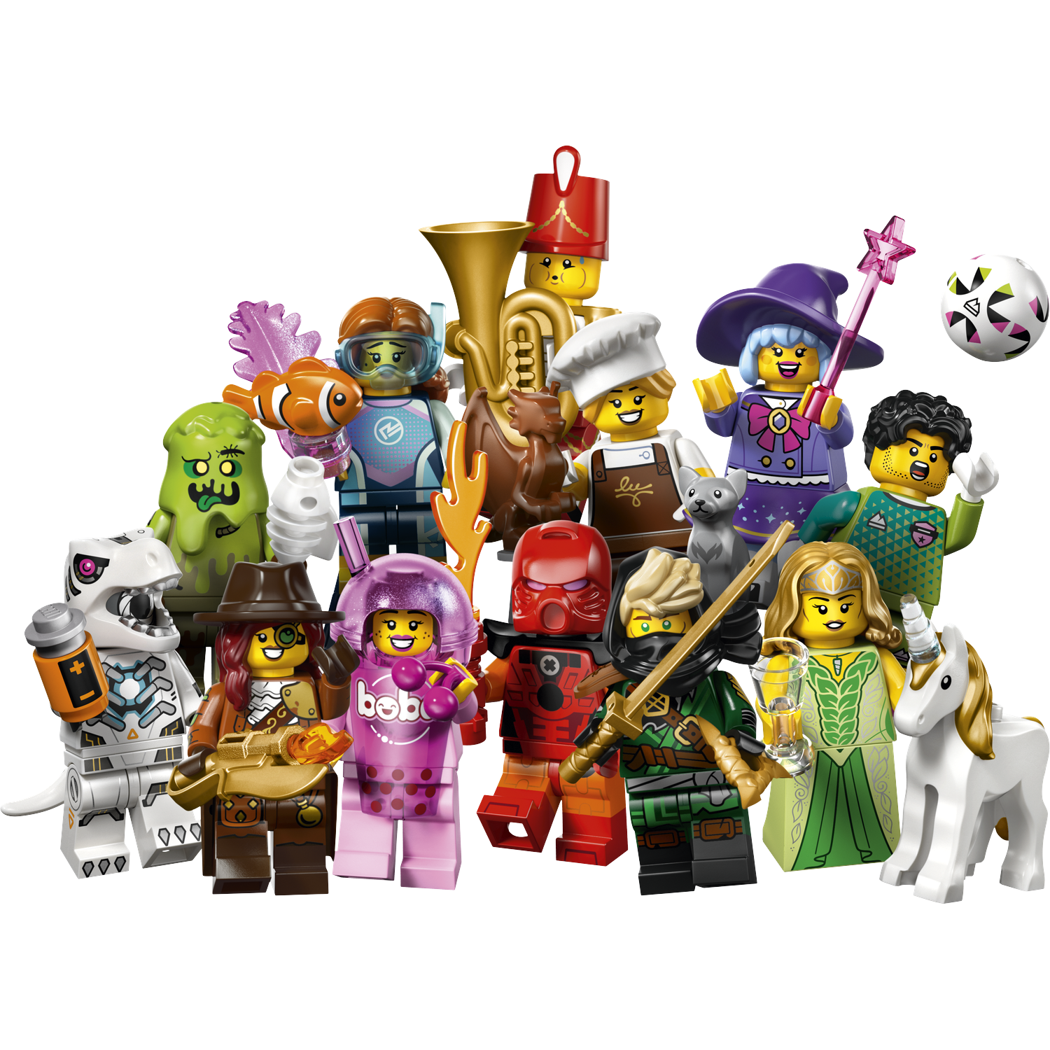 Lego minifigures: robot T-Rex, diver, zombie, chef, witch, warrior, ninja, queen, unicorn, soccer ball.