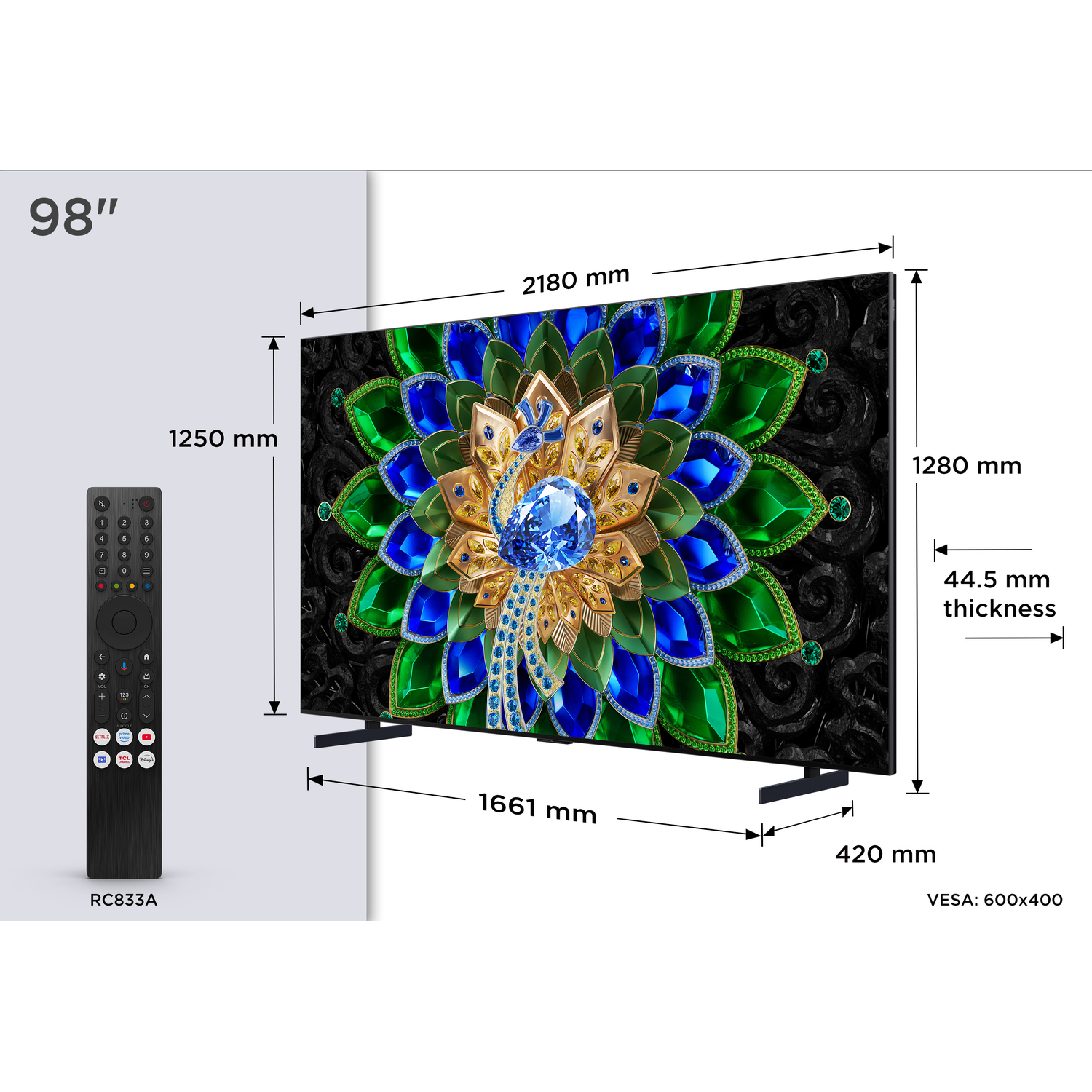 98-inch TV met gedetailleerde bloem en afmetingen. Inclusief afstandsbediening.
