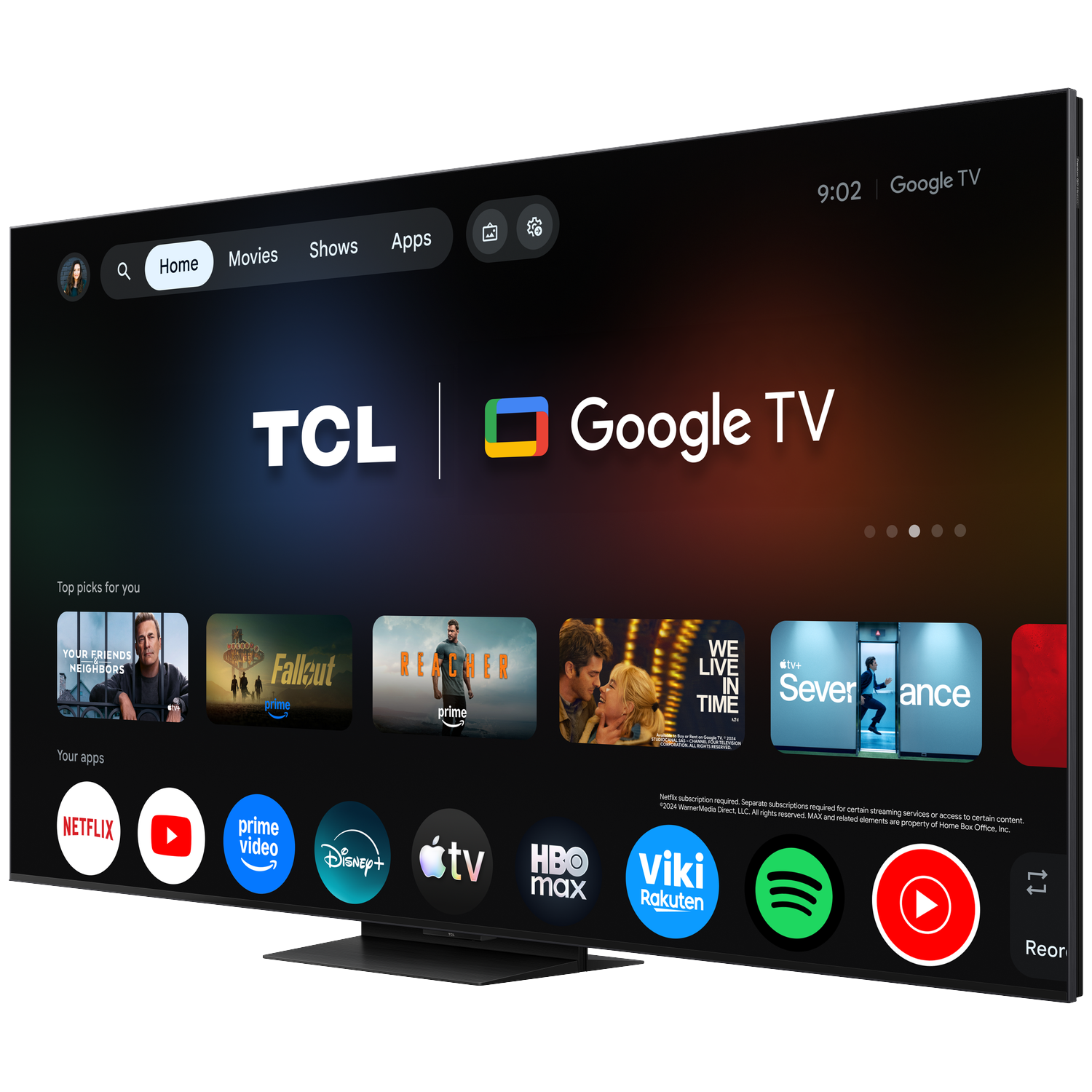 A TCL Google TV home screen showing apps and movies. Menu options are at the top.