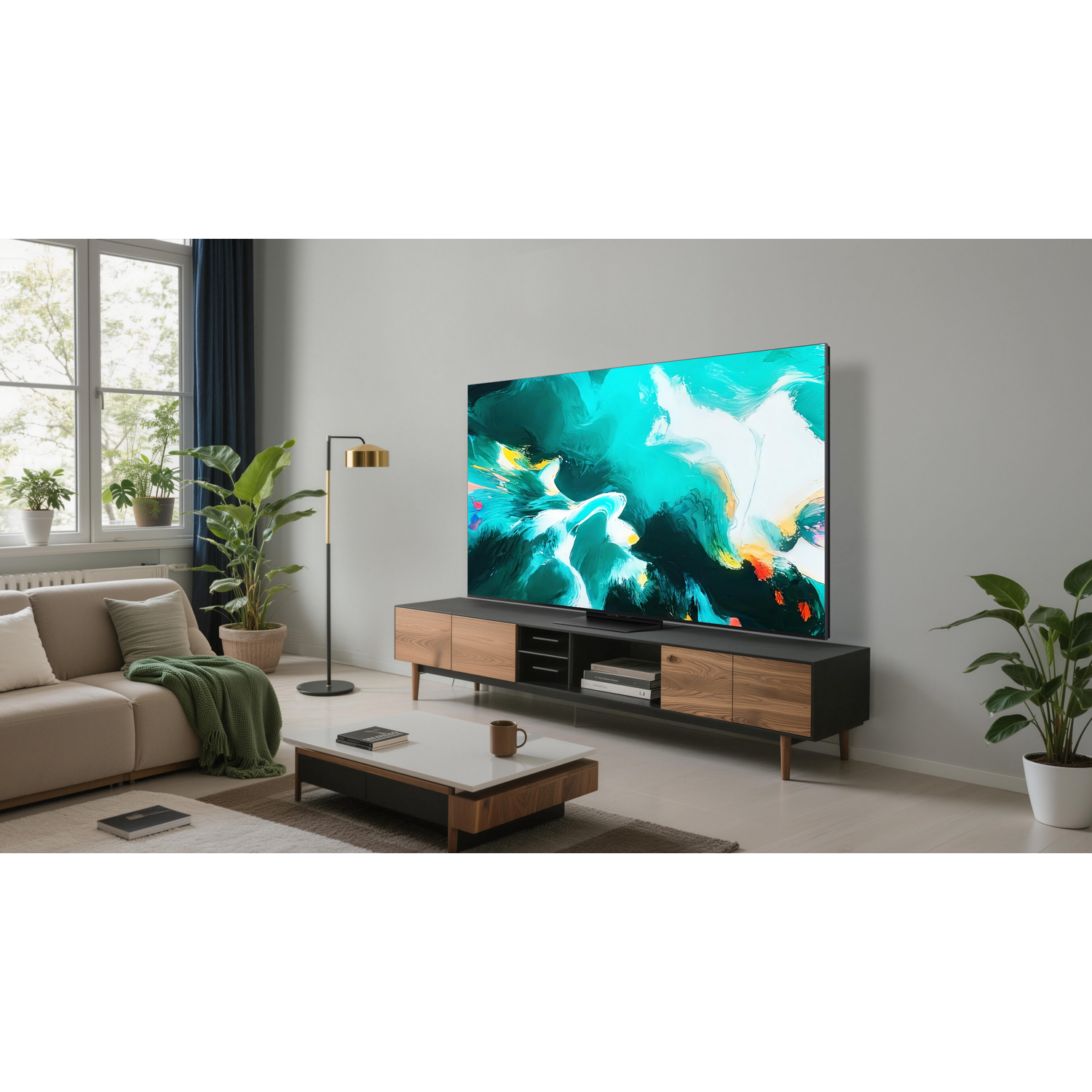Modern living room with a large TV displaying abstract art, a sofa, coffee table, and plants.