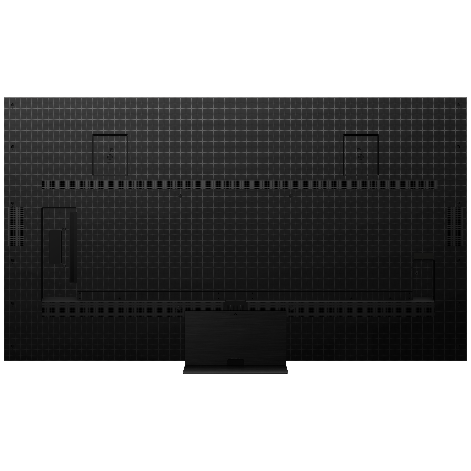 Back of a black television with a grid pattern and a slim stand.