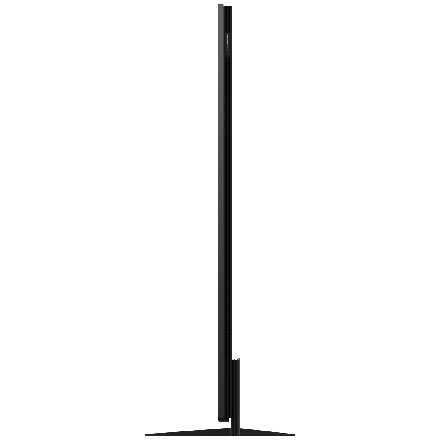 Black television on a stand, seen from the side, with a thin bezel.