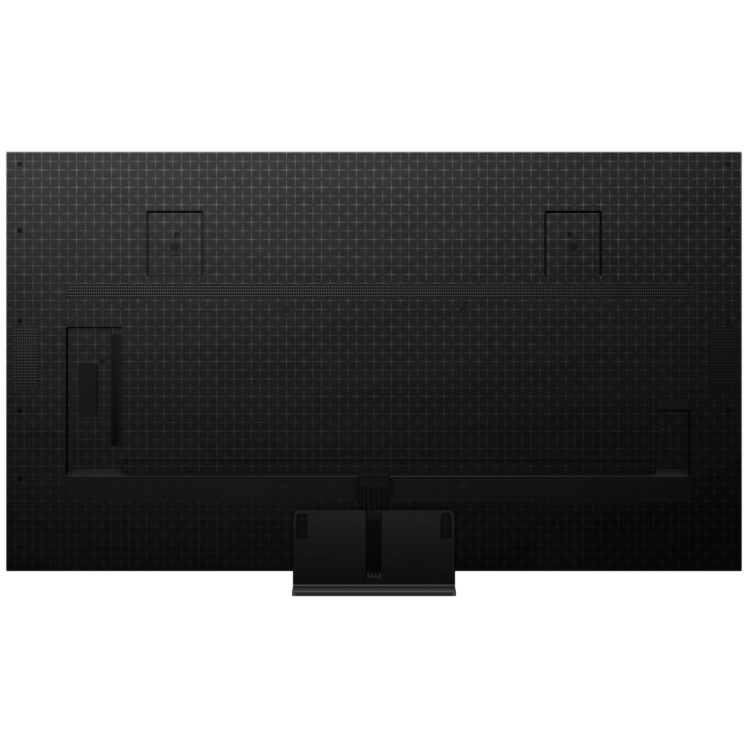 Back of a black television with a grid pattern and stand.