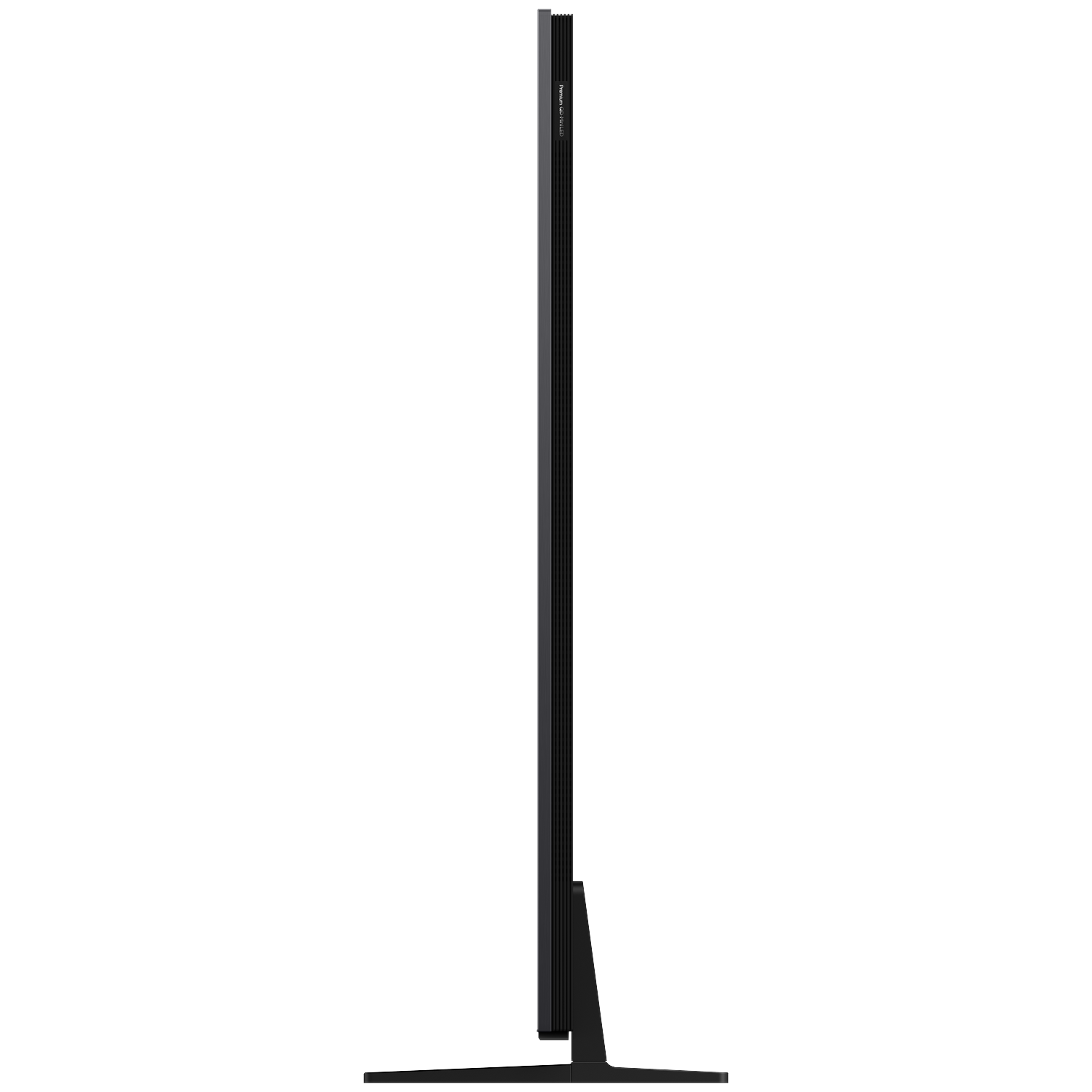 Side view of a slim black television with a narrow stand.