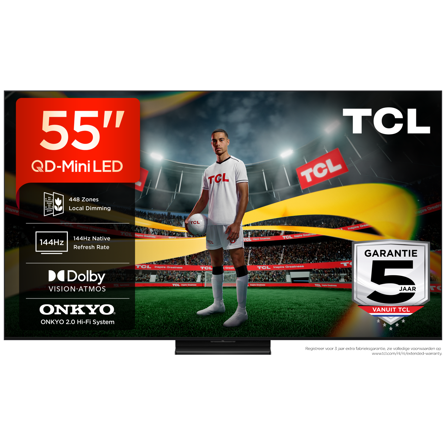 TCL 55" QD-Mini LED TV met voetballer in stadion, 144Hz, Dolby Vision.