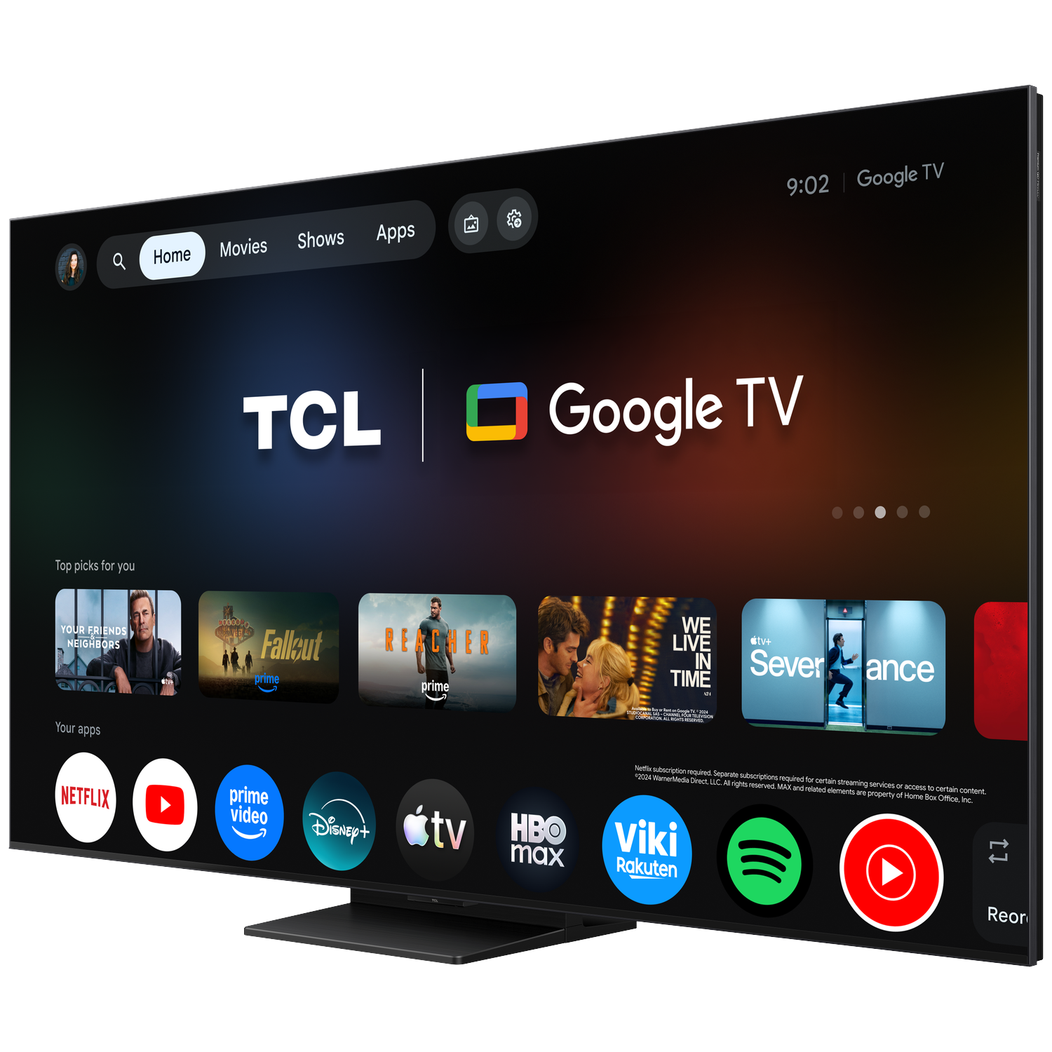 Een TCL Google TV met een interface die topfilms en apps toont.