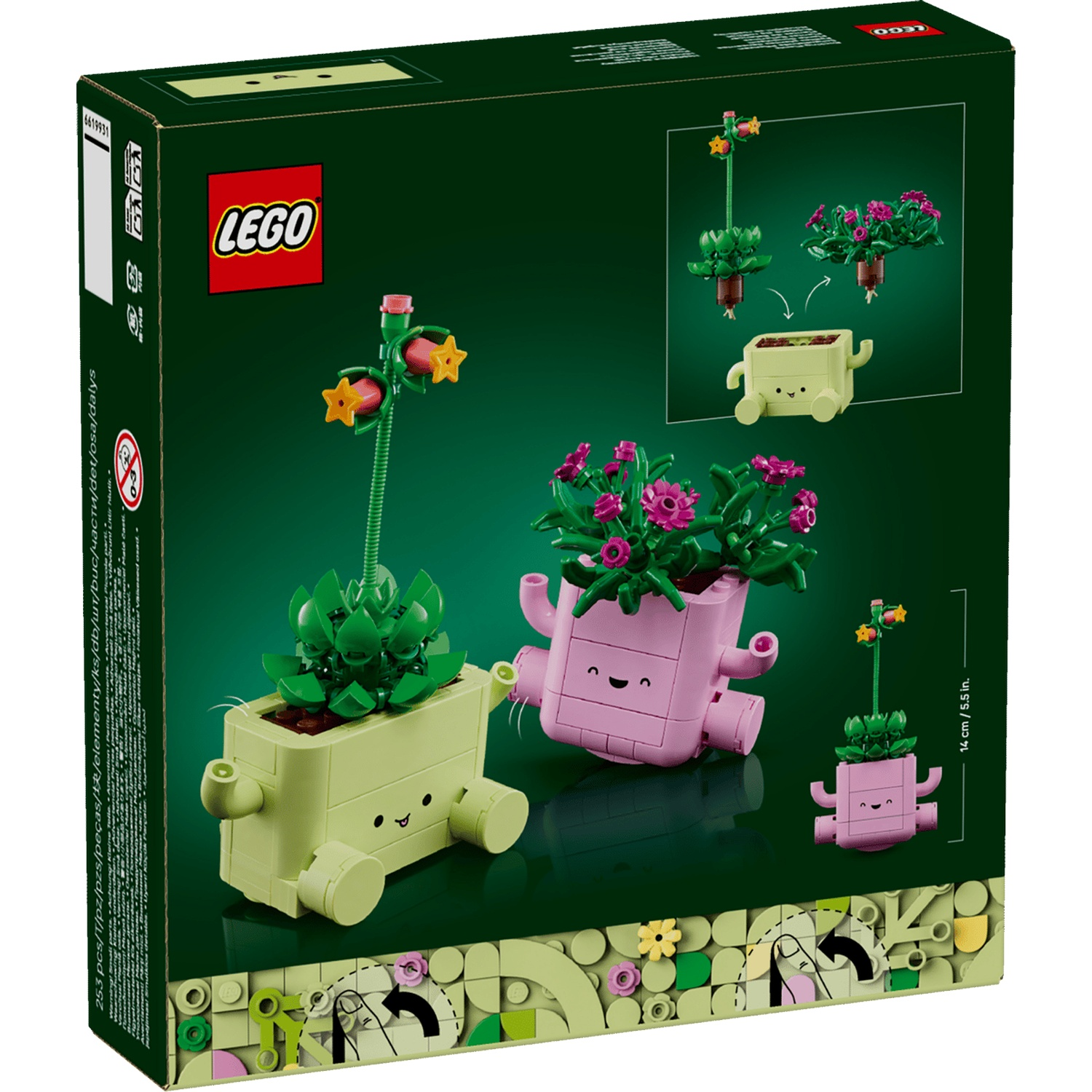 LEGO instruction box showing two potted plants in fun containers.