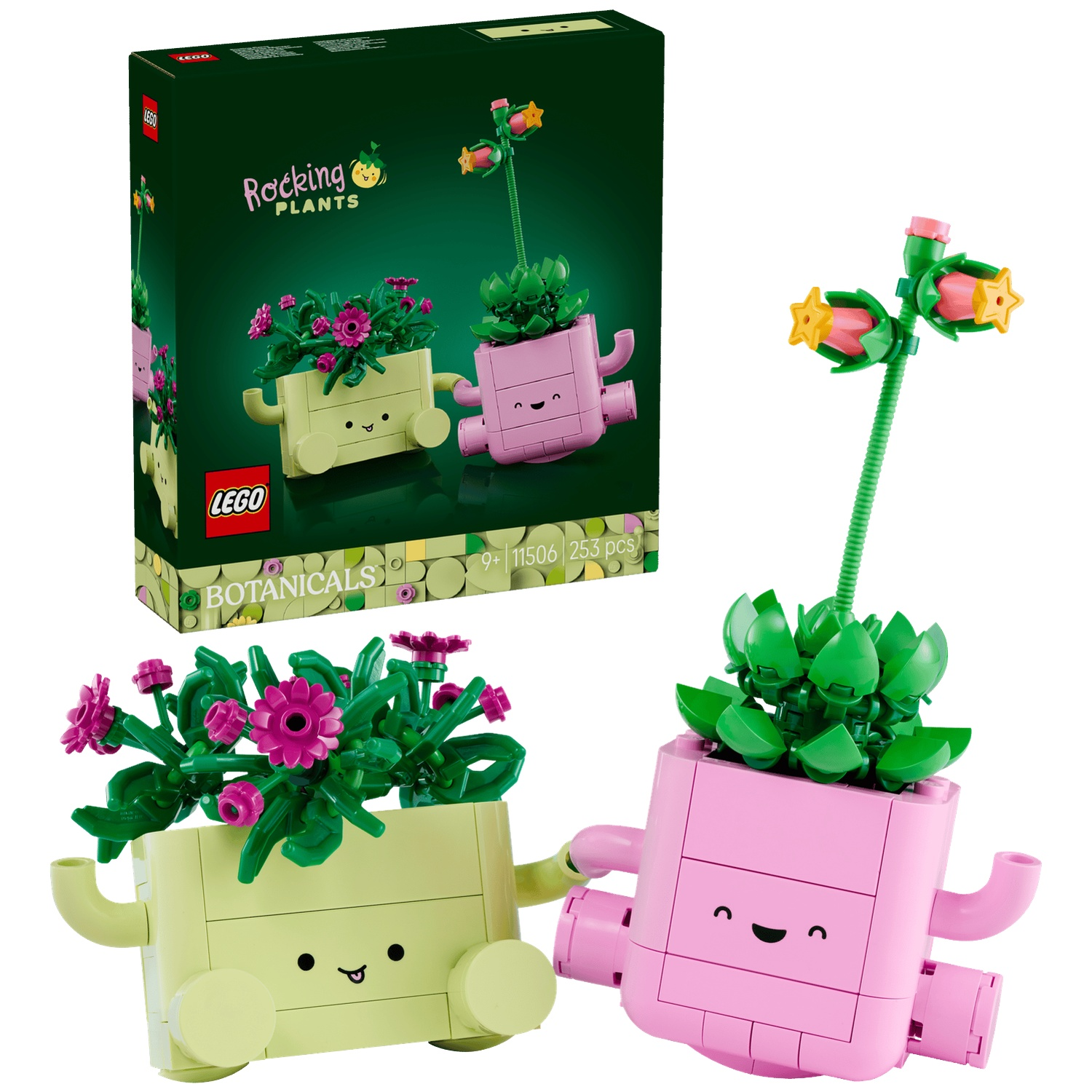 Two LEGO plant sets, a light green one with pink flowers and a pink succulent.