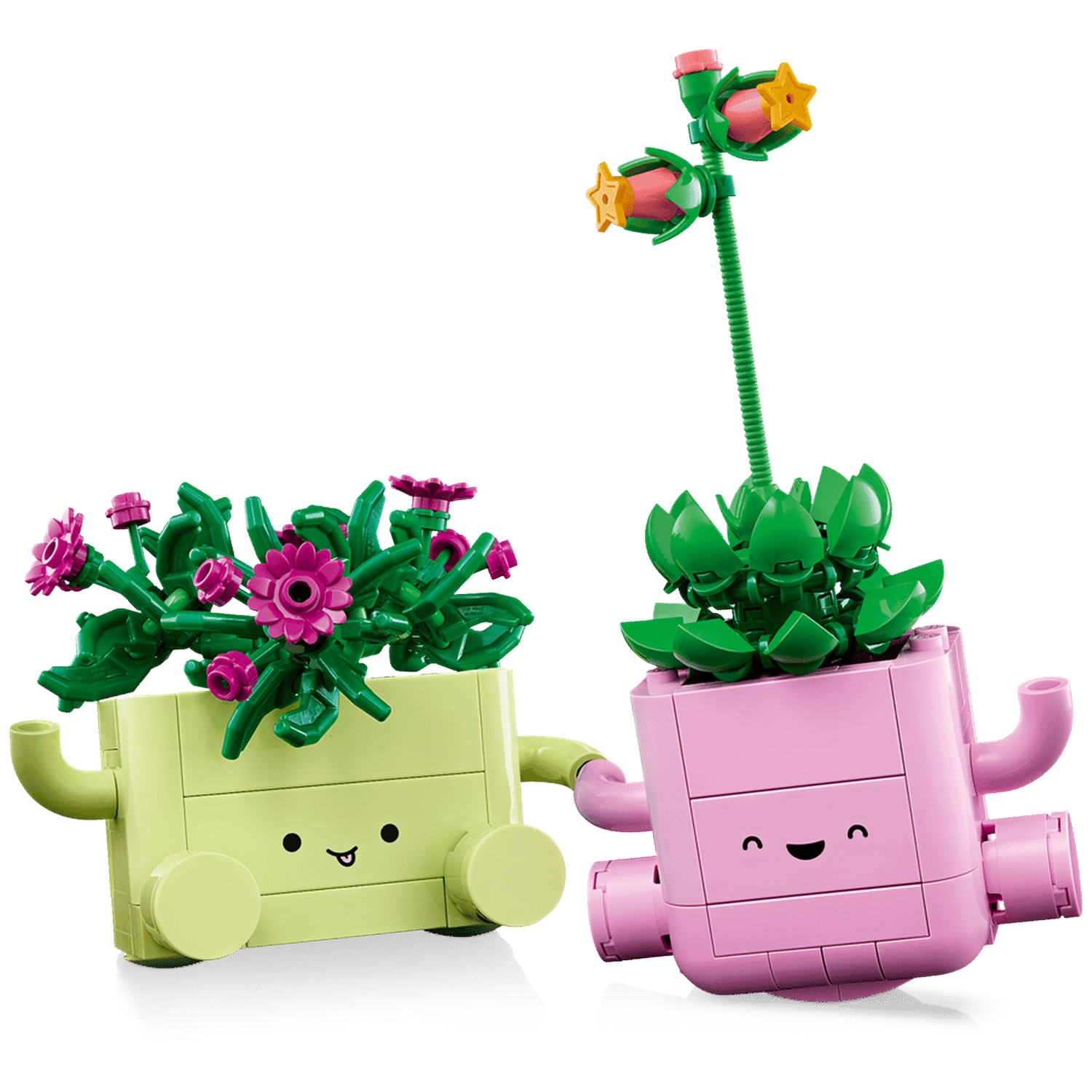 Two Lego potted plants with faces. One green, one pink. They have arms and wheels.