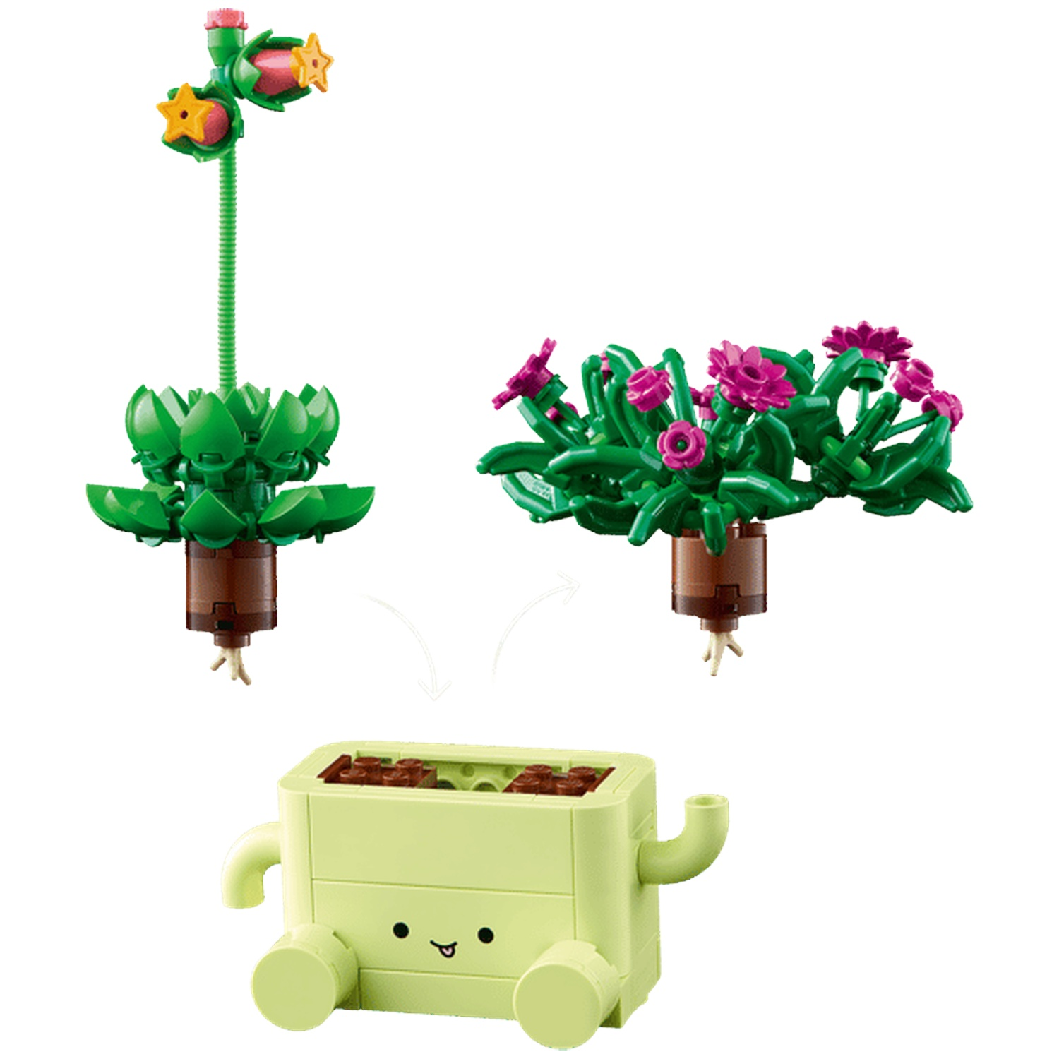 Green Lego plants with purple and yellow flowers above a light green pot.
