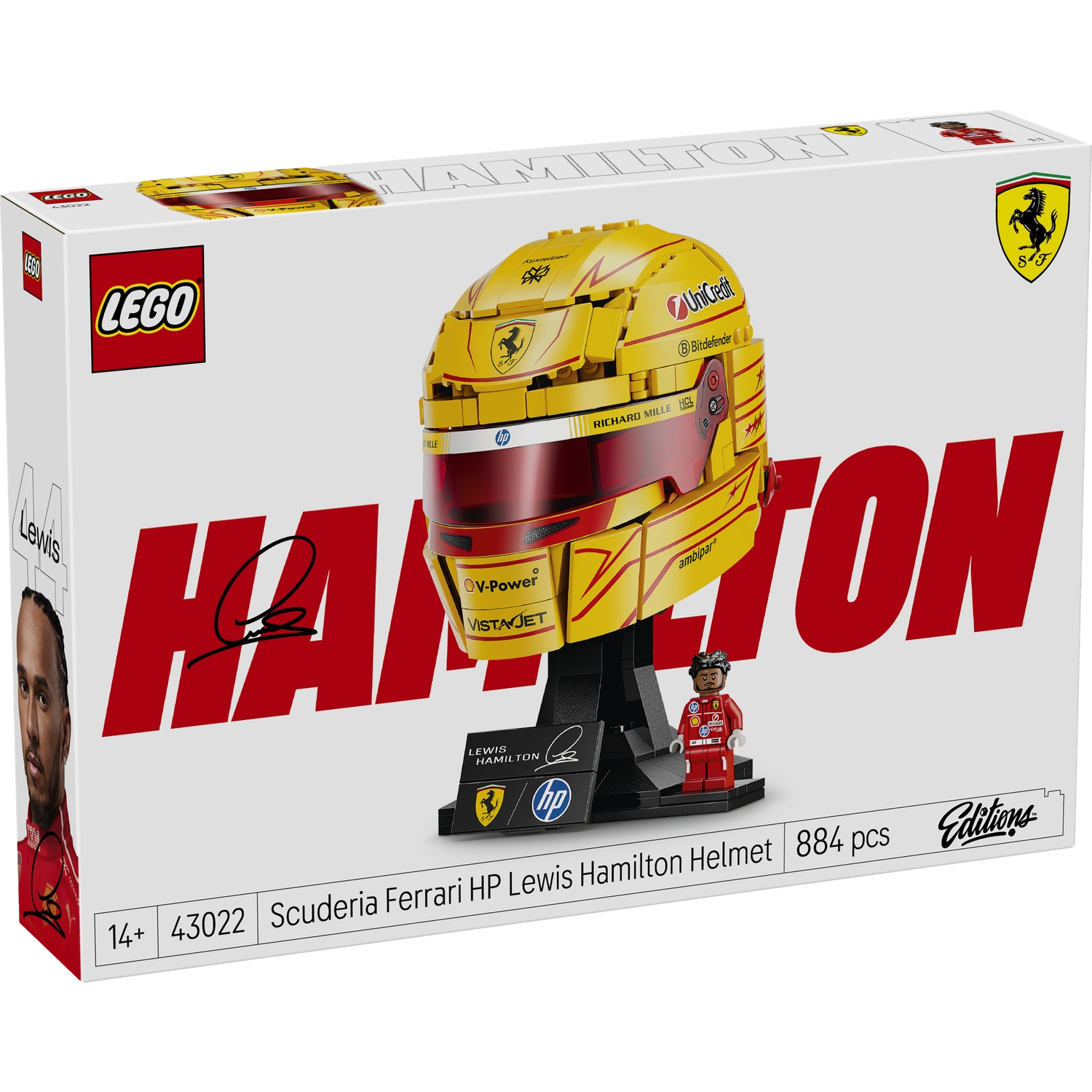 Lego box featuring Lewis Hamilton's yellow Ferrari helmet, a minifigure, and text.