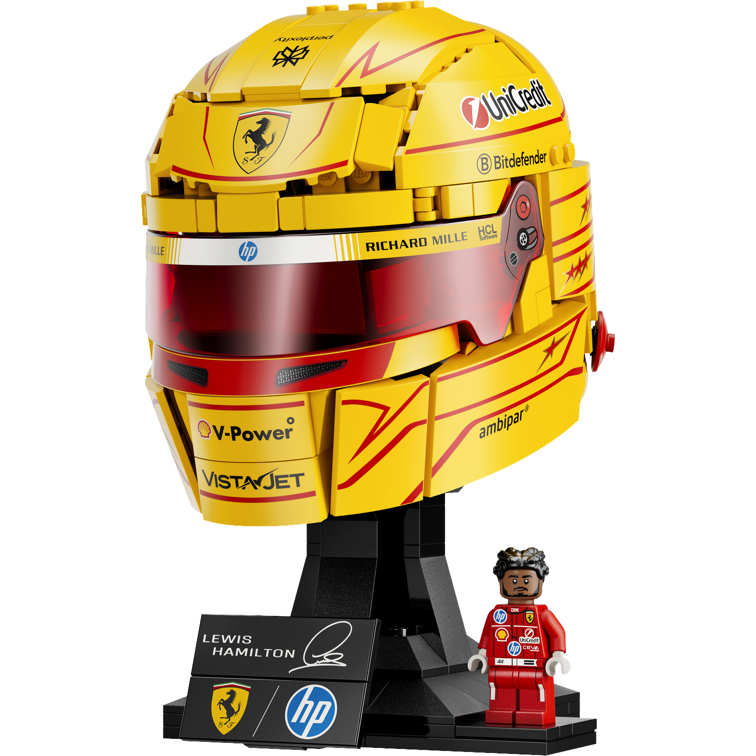 Yellow Lego helmet with red accents and a minifigure in a red racing suit.