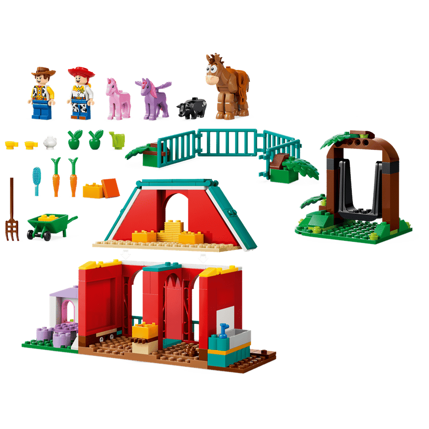 Lego Toy Story ranch set with figures, animals, fence, and buildings.