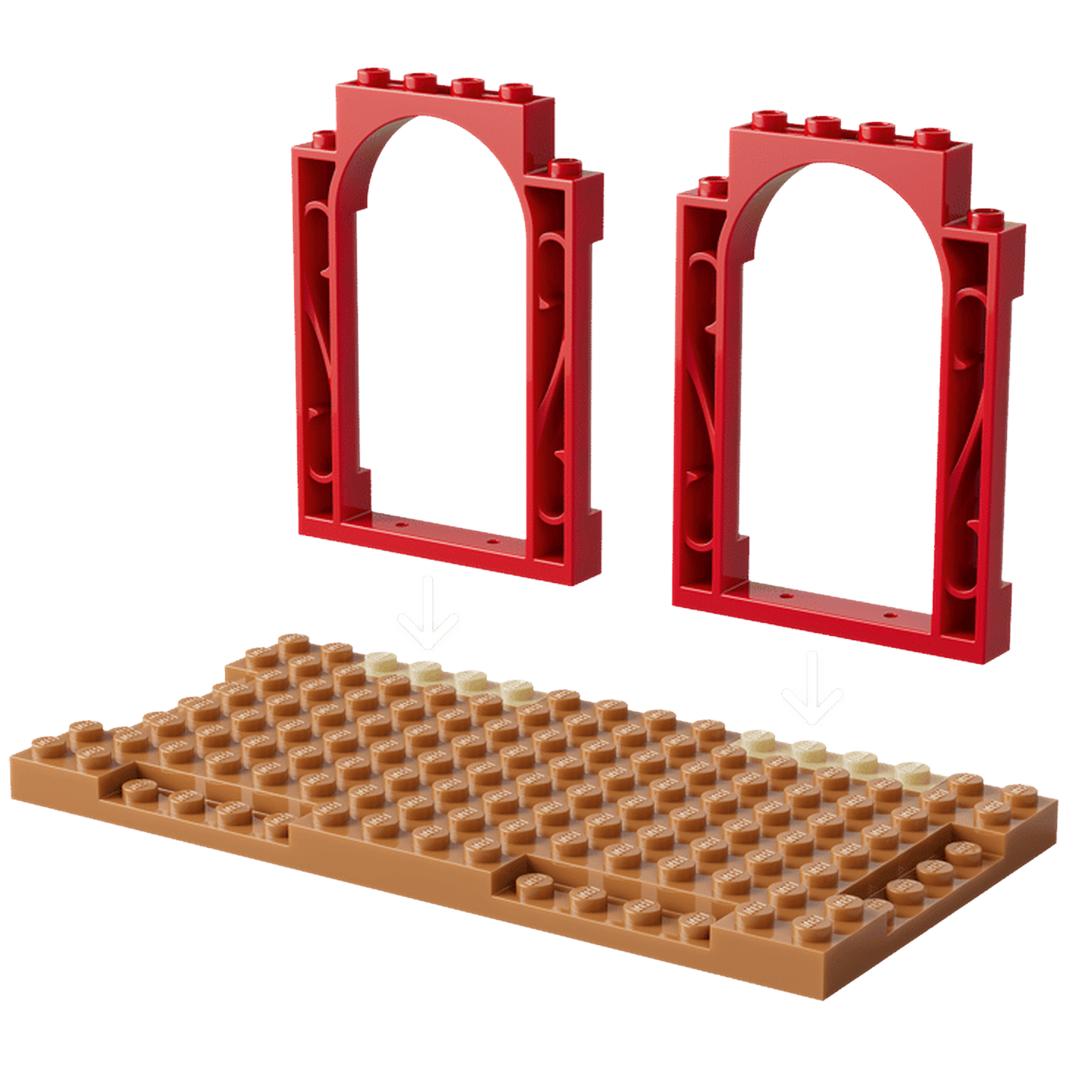 Two red archways hover over a brown plate with studs.