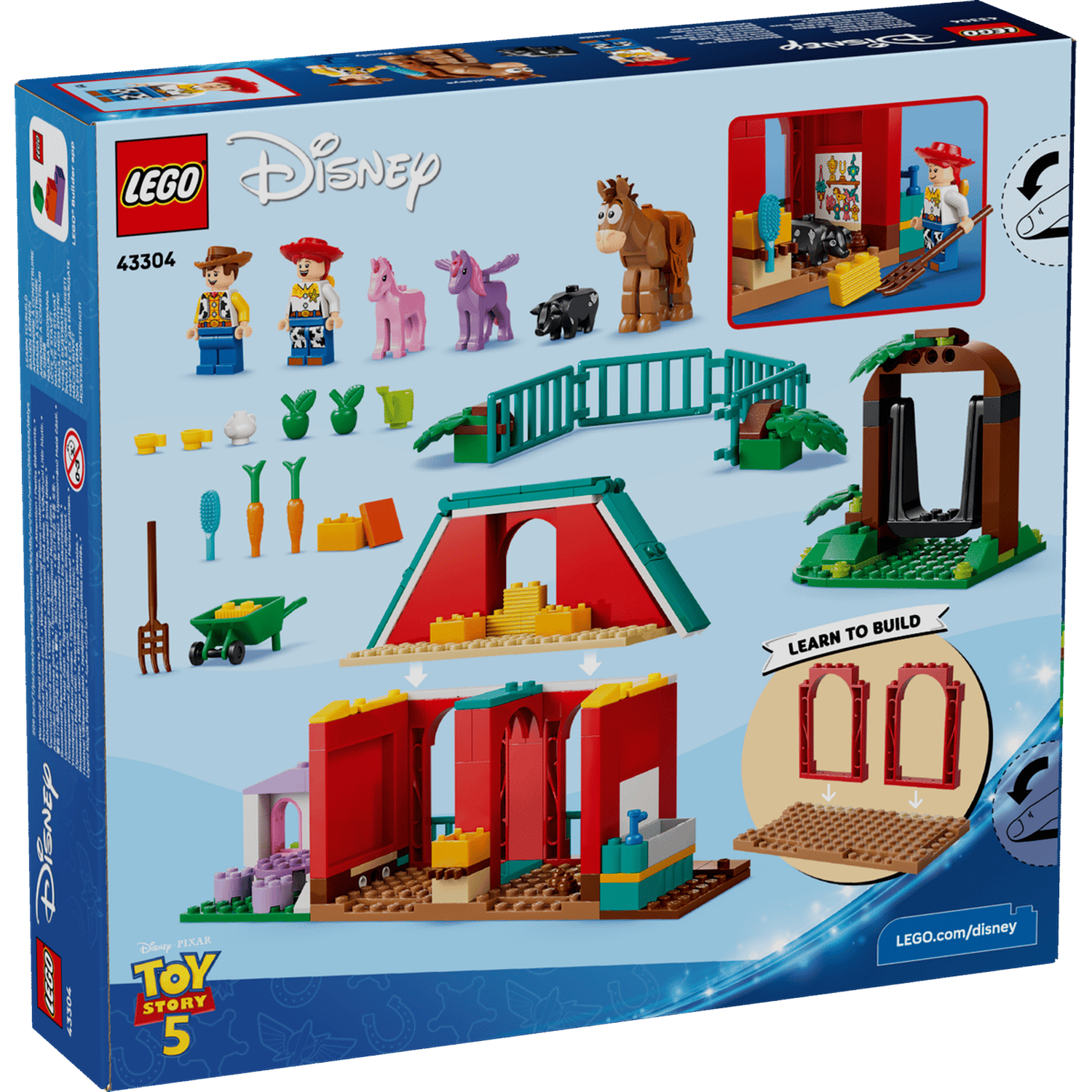 LEGO set with Woody, Jessie, horses, pig, barn, and cart.